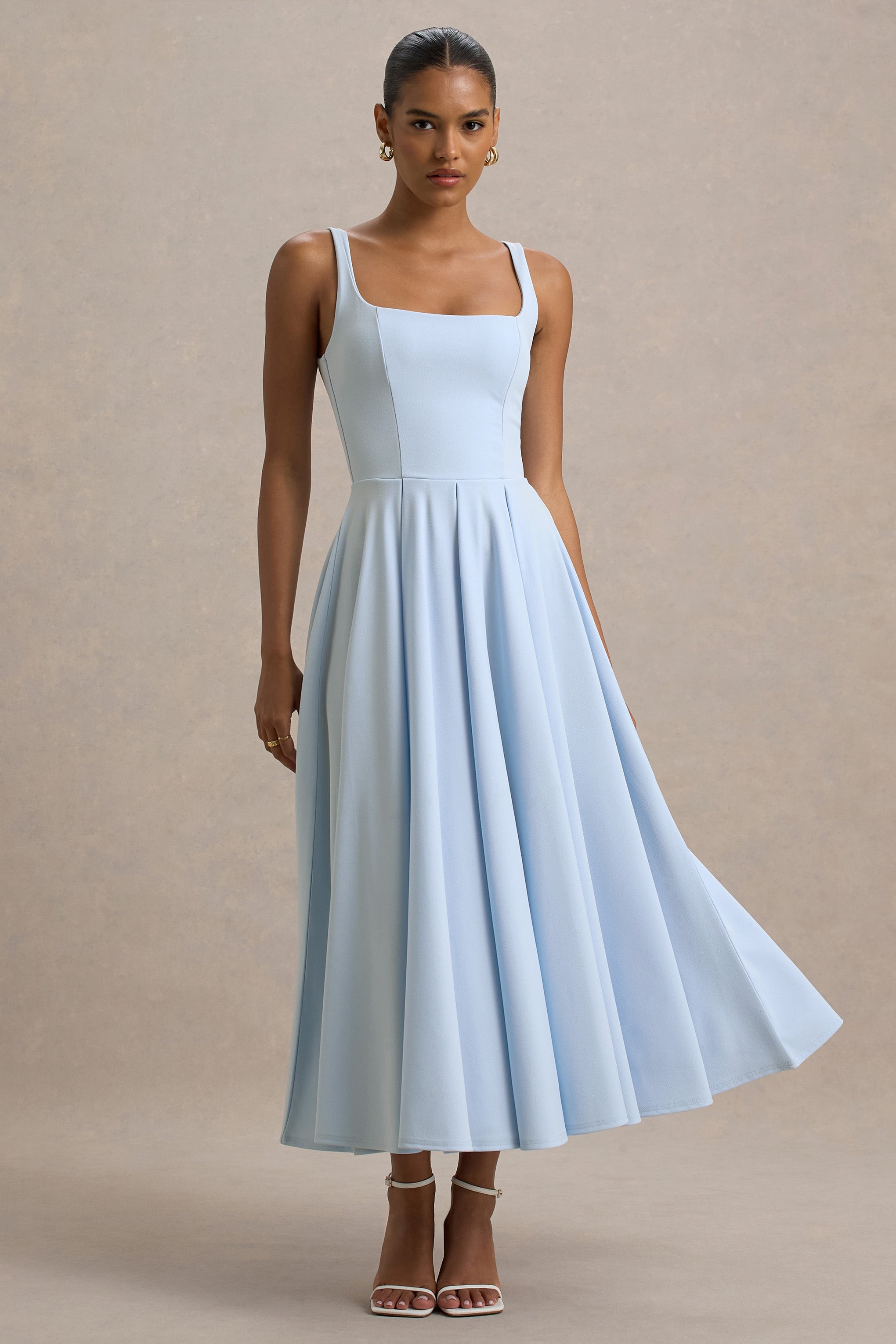 Parina | Powder Blue Strappy Volume-Hem Midi Dress-Sowoom