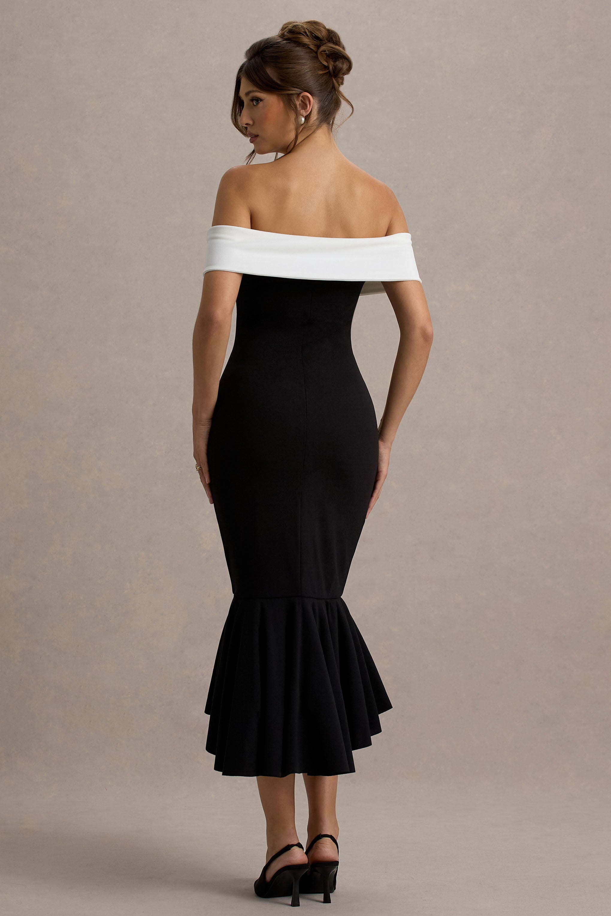 Corola | Black & White Bardot Volume-Hem Midi Dress-Sowoom