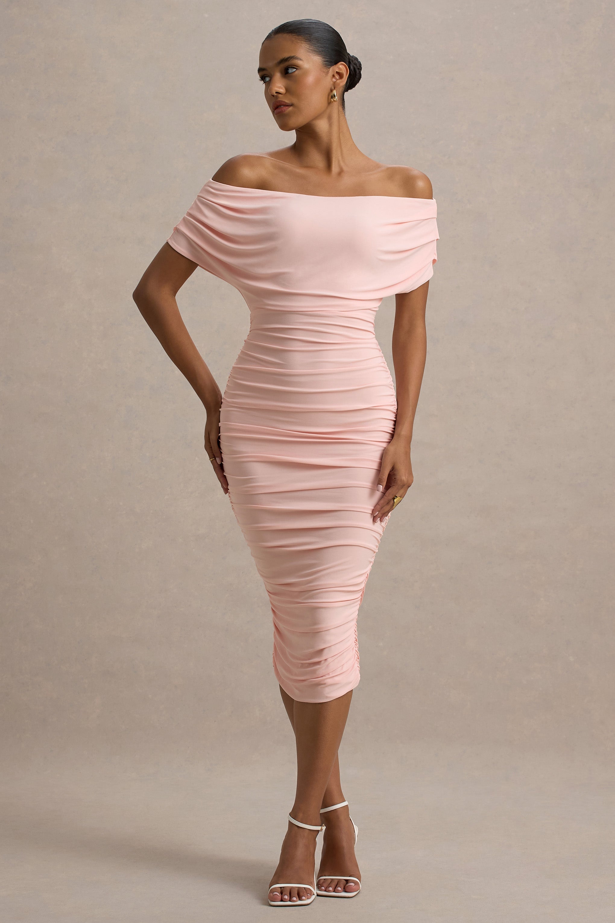 Rayleigh | Pink Bardot Ruched Midi Dress-Sowoom