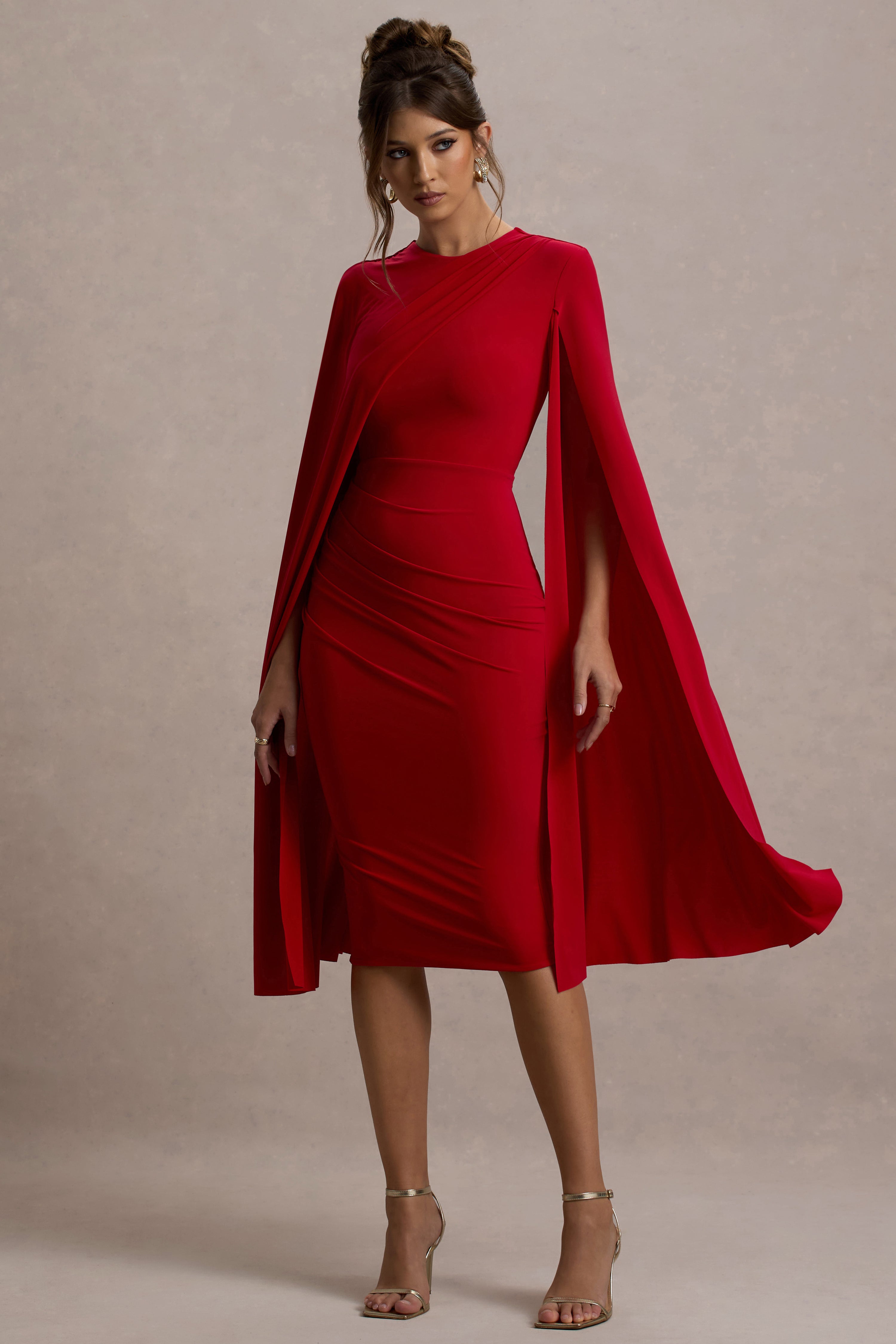 Marysol | Red Asymmetric Cape Midi Dress-Sowoom