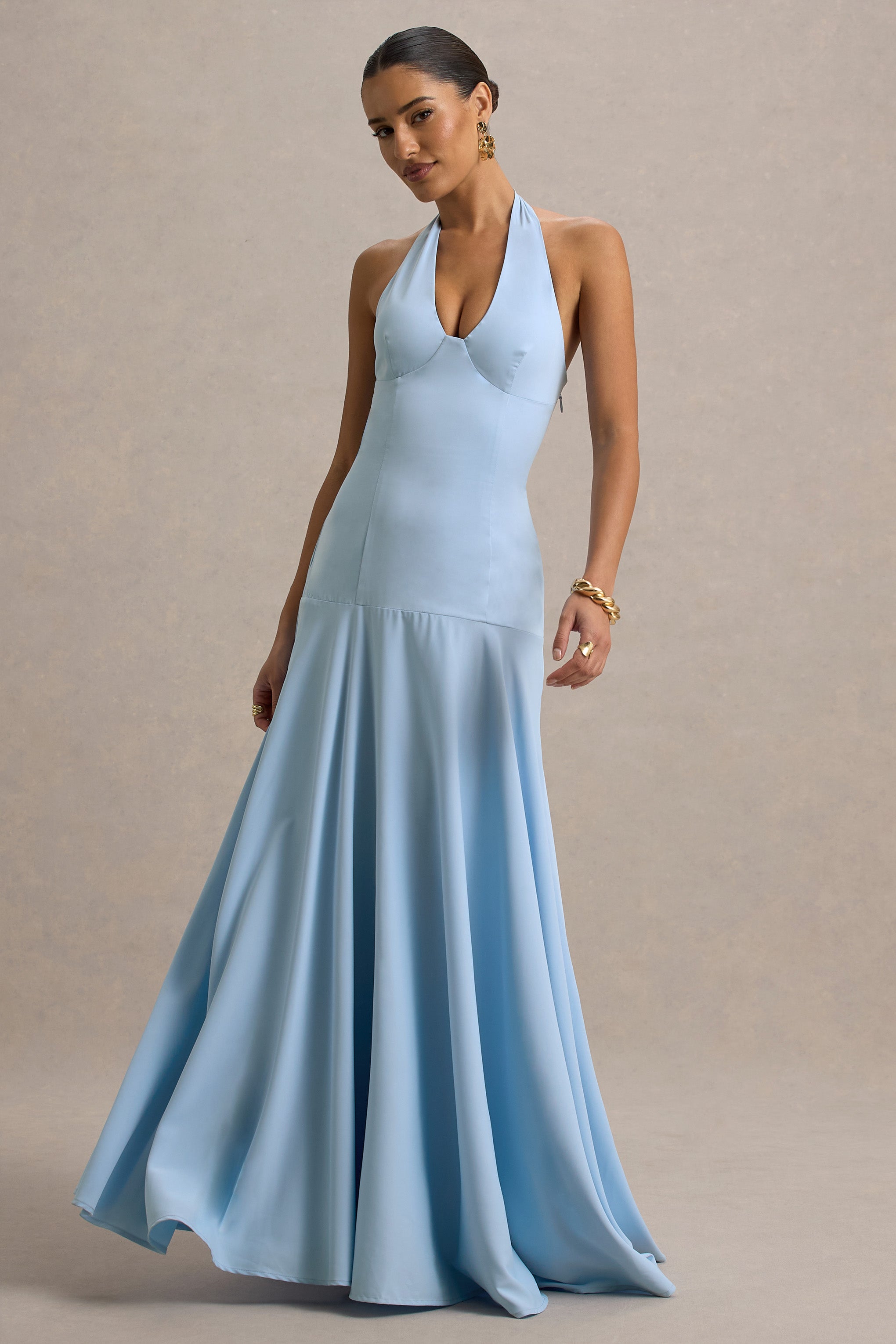 Ginevra | Powder Blue Halter-Neck Slip Maxi Dress-Sowoom