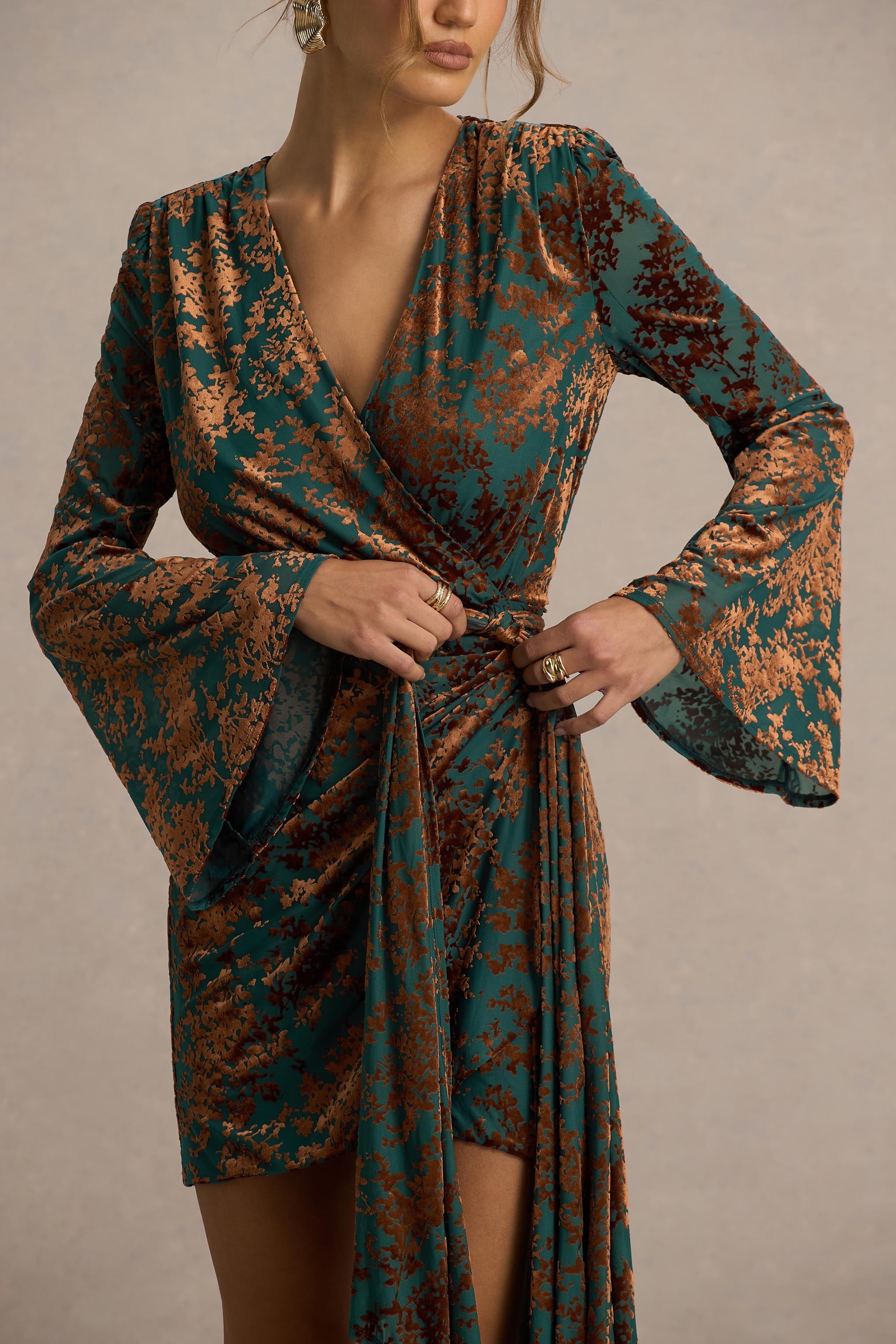 Dimitra | Dark Green And Brown Velvet Devore Plunge-Neck Wrap Mini Dress-Sowoom