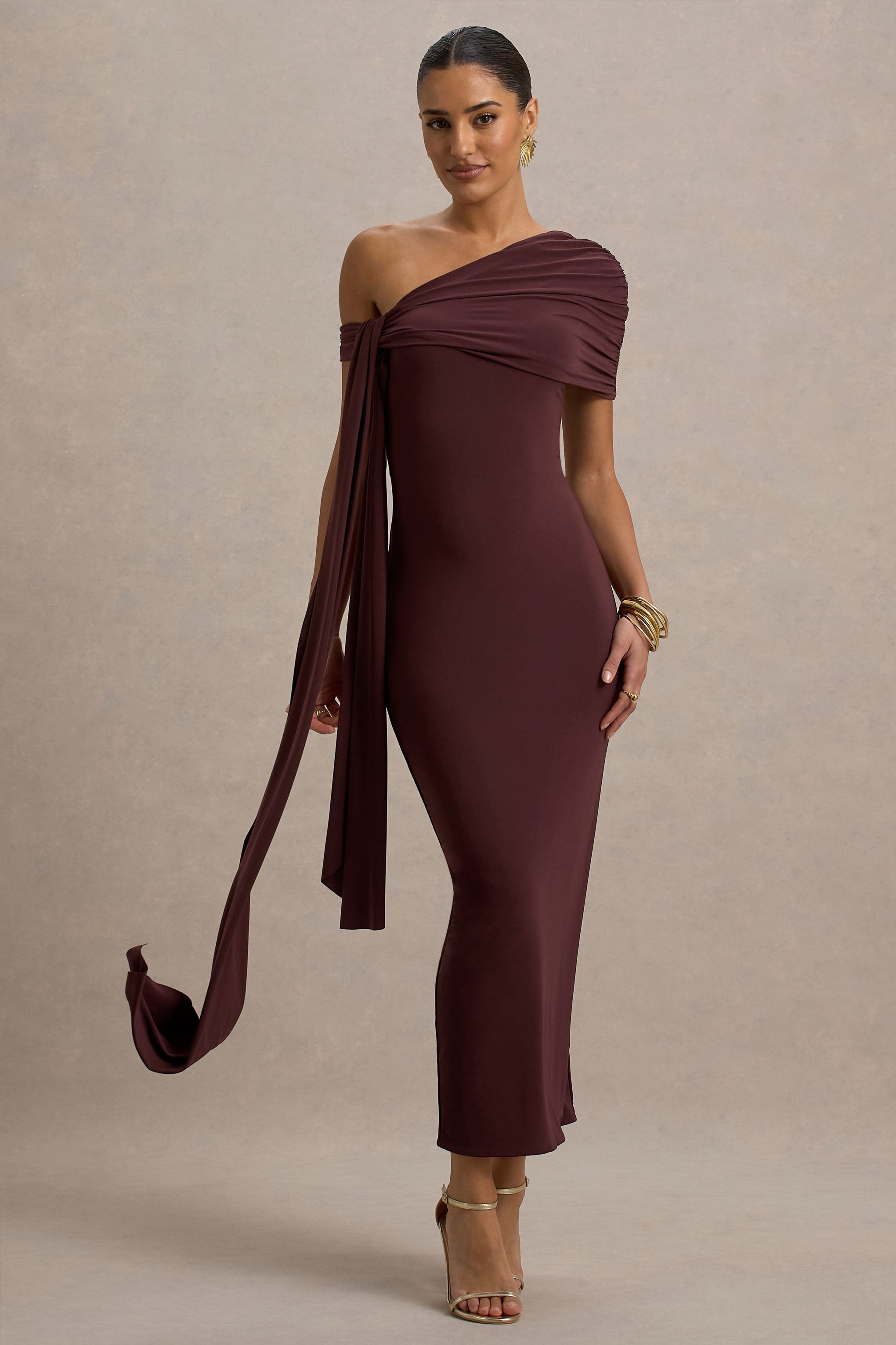 Praia | Chocolate Brown Asymmetric-Neck Midi Dress With Sash and Draped Detailing-Sowoom