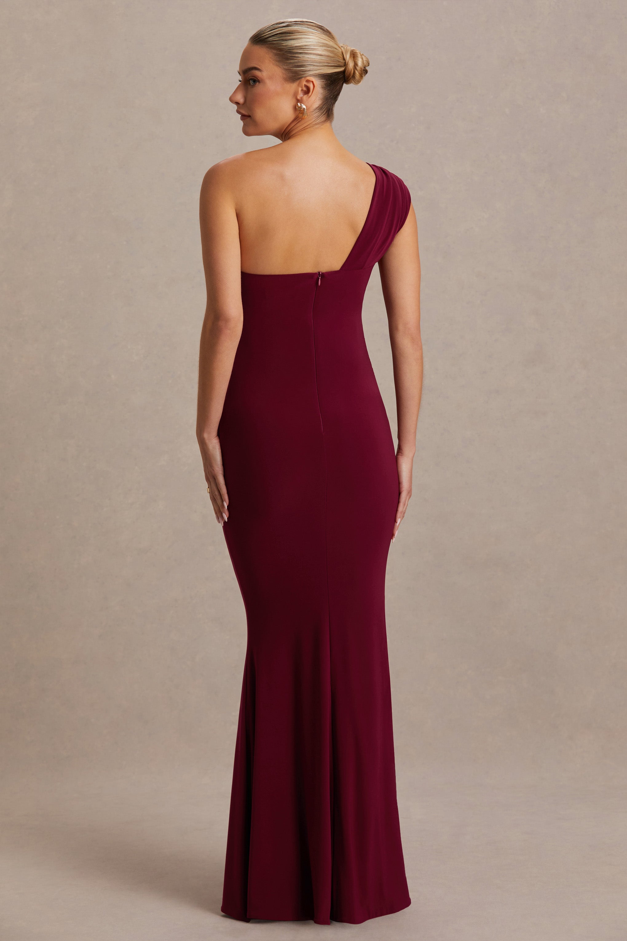 Mila | Burgundy Asymmetric-Neck Maternity Maxi Dress-Sowoom