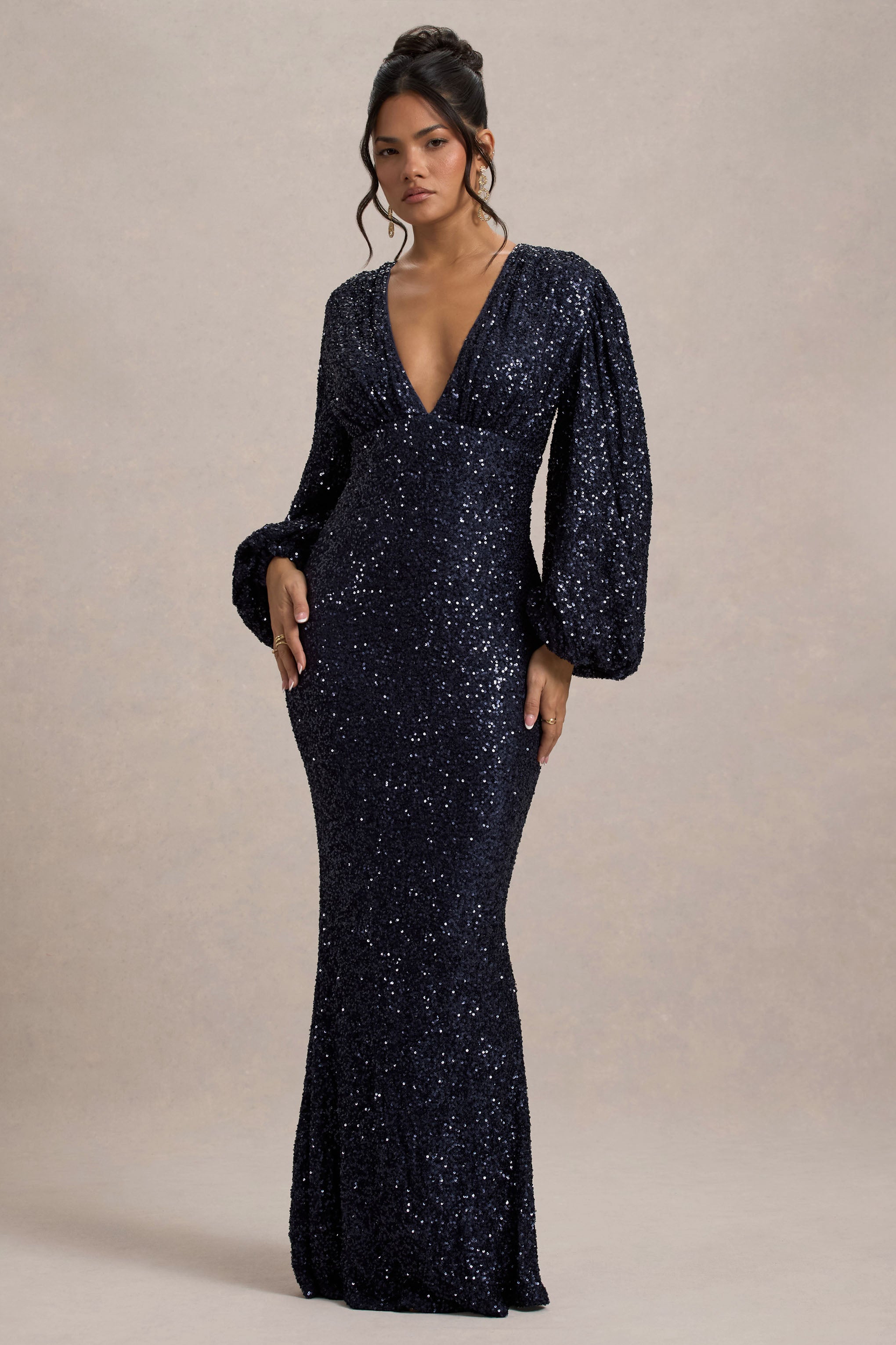 Kaelin | Navy Sequin Plunge-Neck Maxi Dress-Sowoom