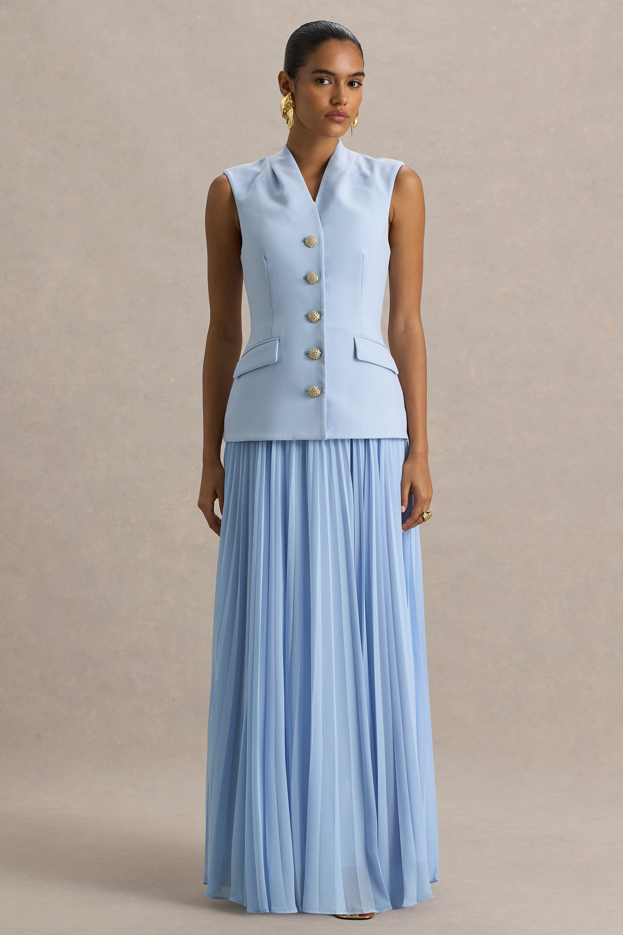 Heavenly | Powder Blue High Neck Maxi Dress With Pleated Detailing-Sowoom