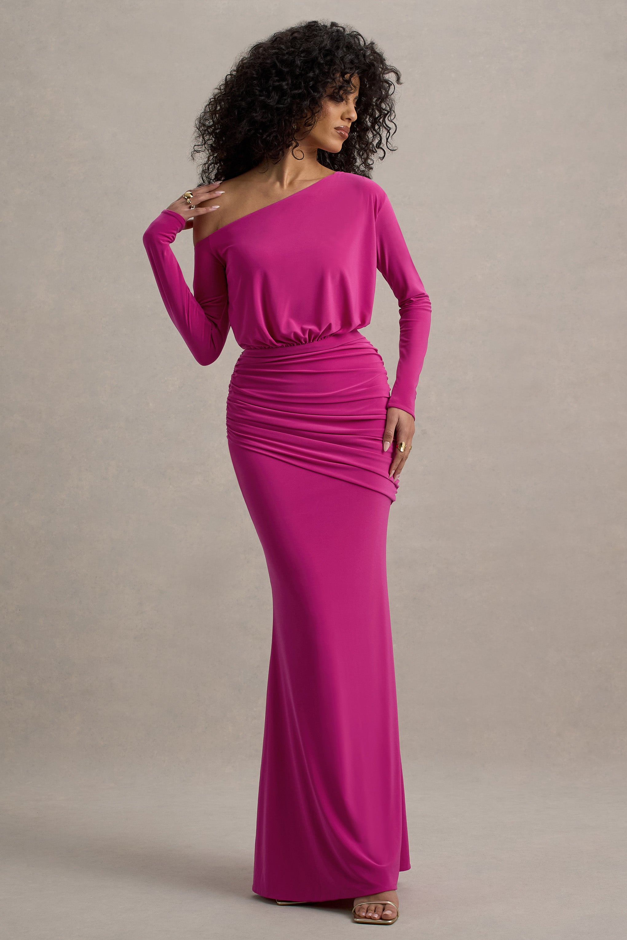 Deanna | Hot Pink Asymmetric Long-Sleeve Ruched Maxi Dress-Sowoom