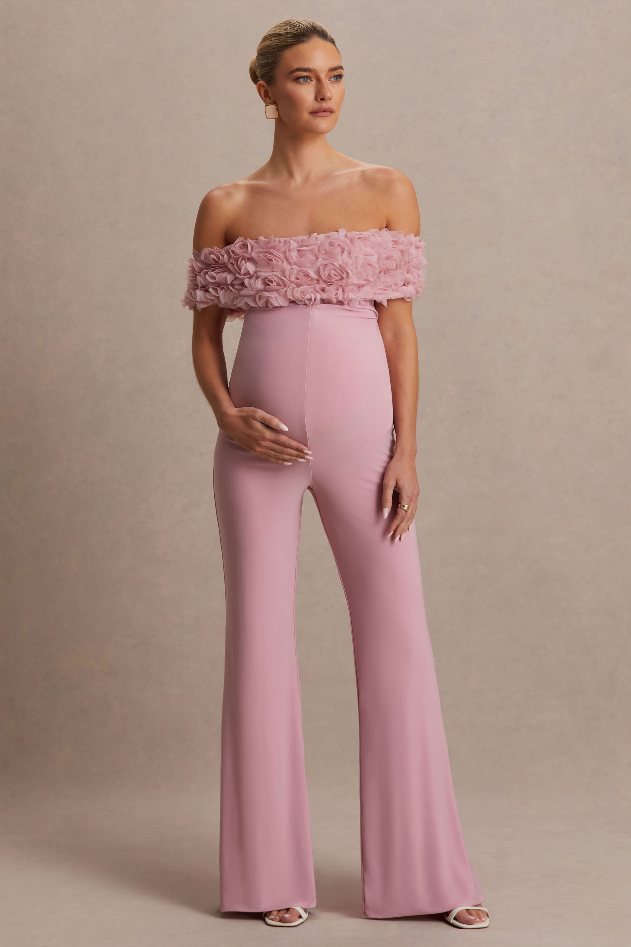 Sallow | Pink Floral Bardot Maternity Jumpsuit-Sowoom