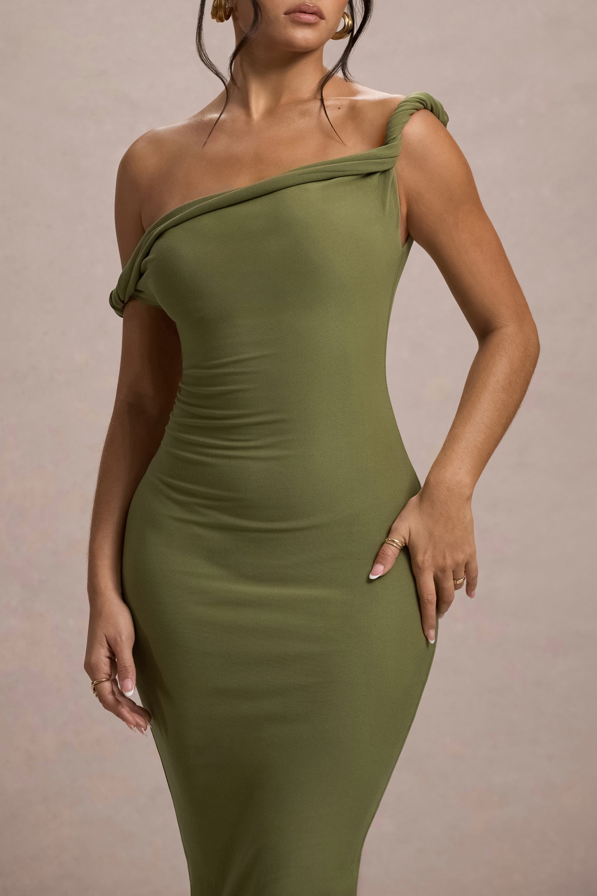 Salome | Olive Twisted Asymmetric Midi Dress-Sowoom