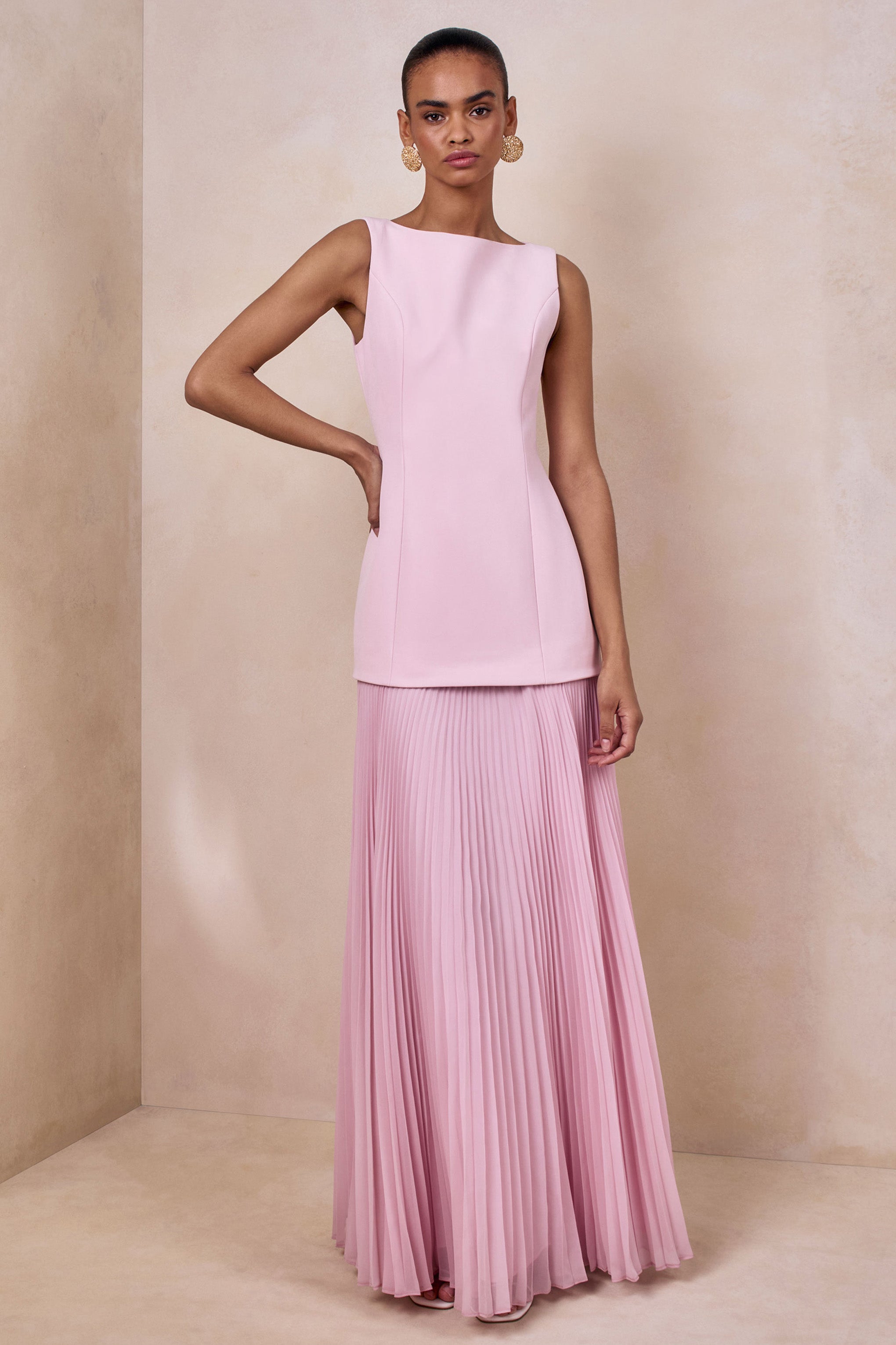 Hadley | Light-Pink Boat-Neck Maxi Dress With Drop-Waist-Sowoom