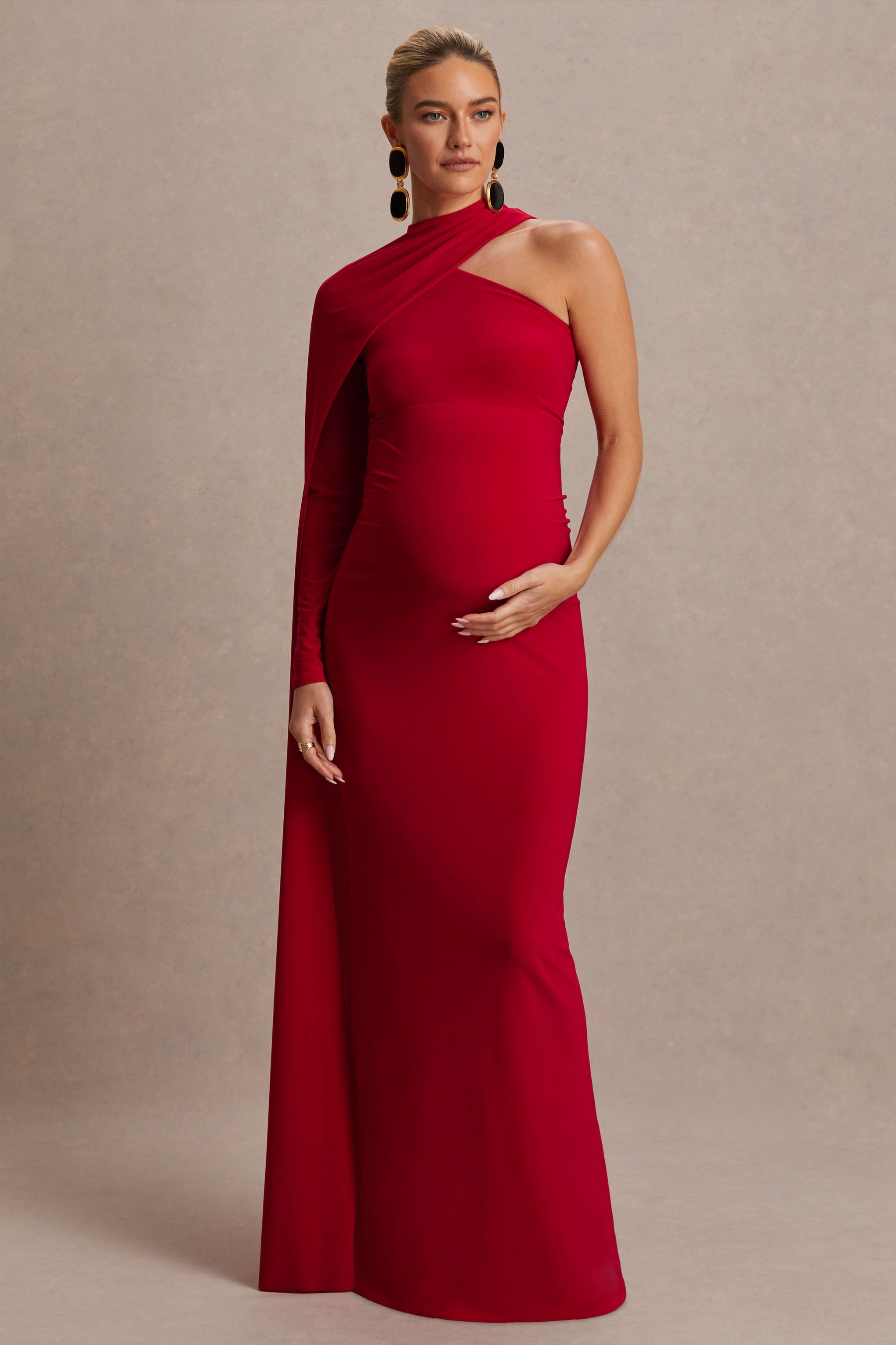 Tessy | Red Asymmetric-Neck Maternity Maxi Dress With Cape-Sleeve-Sowoom