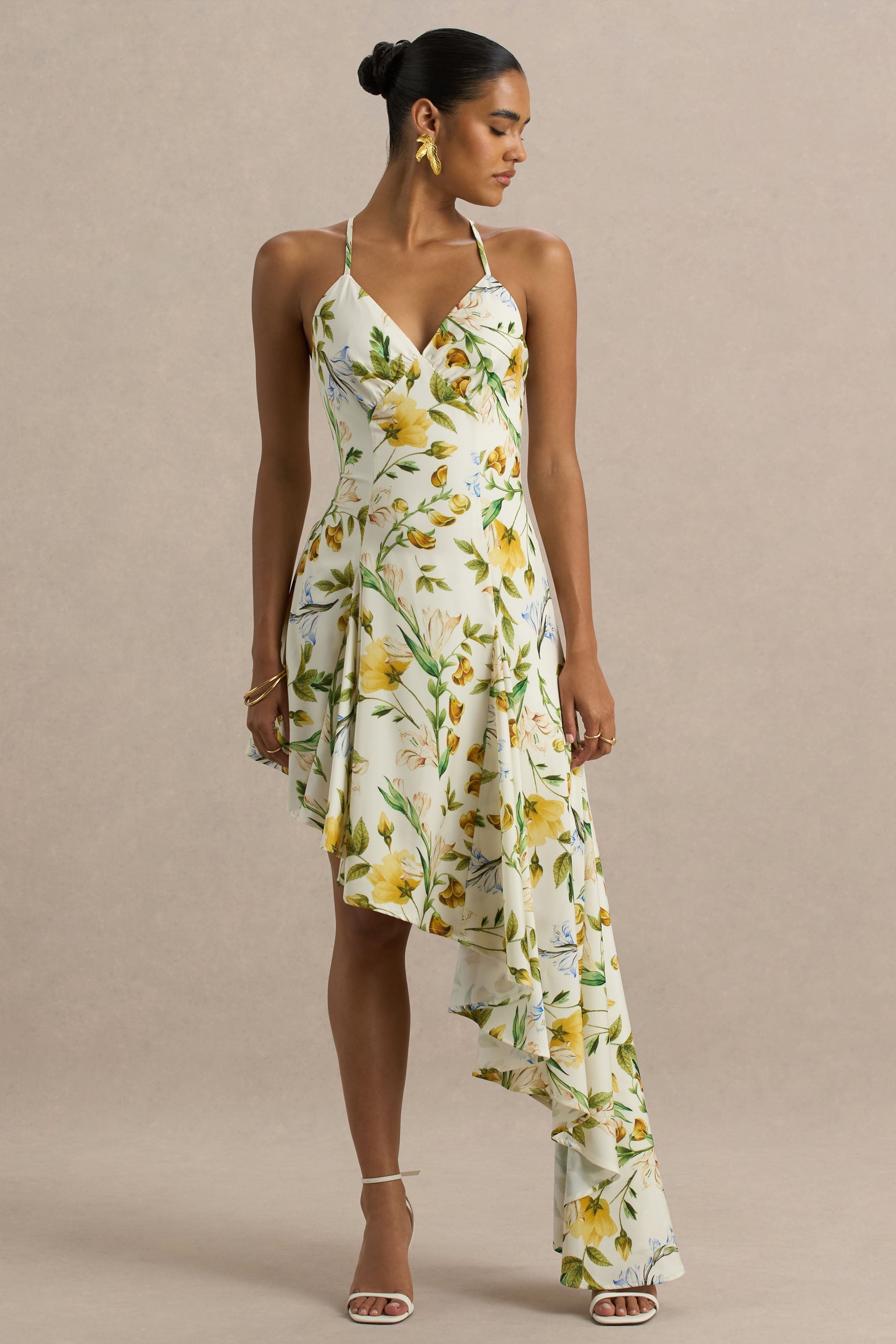 Glint | White Botanical Print Satin Plunge-Neck Maxi Dress With Asymmetric Hem-Sowoom