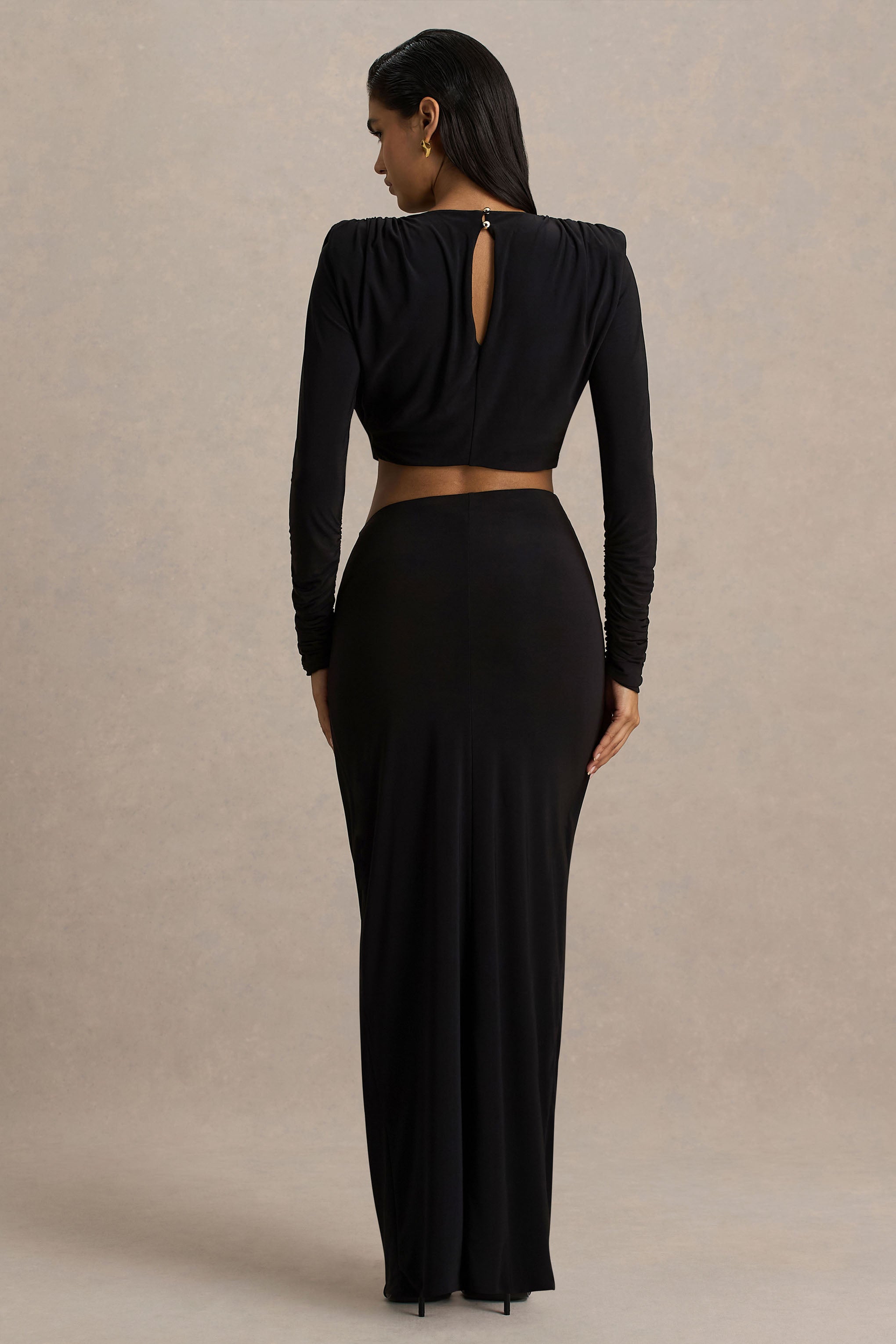 Avaline | Black Wrap Maxi Skirt With Ruched Detailing-Sowoom