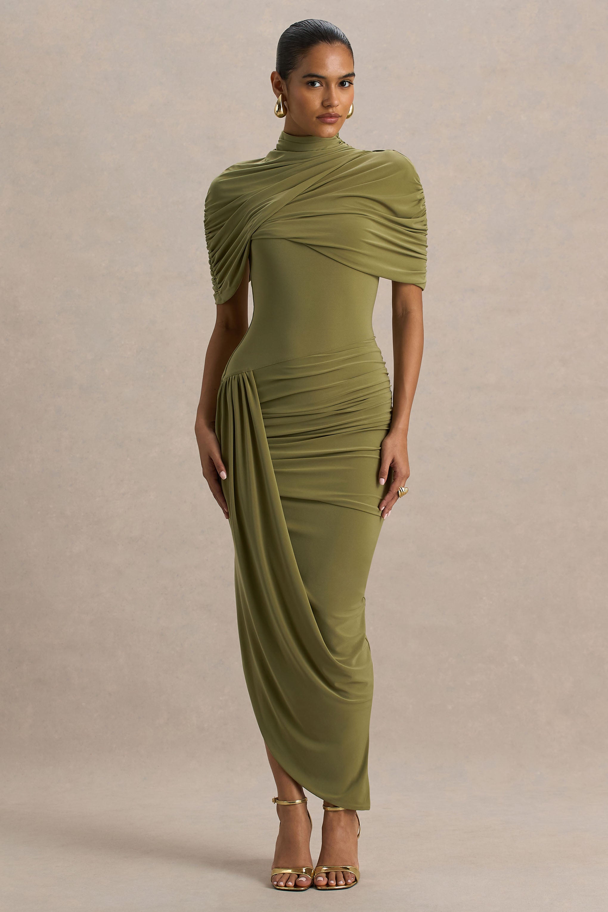 Enchant | Olive Asymmetric Twisted Cape Midi Dress-Sowoom