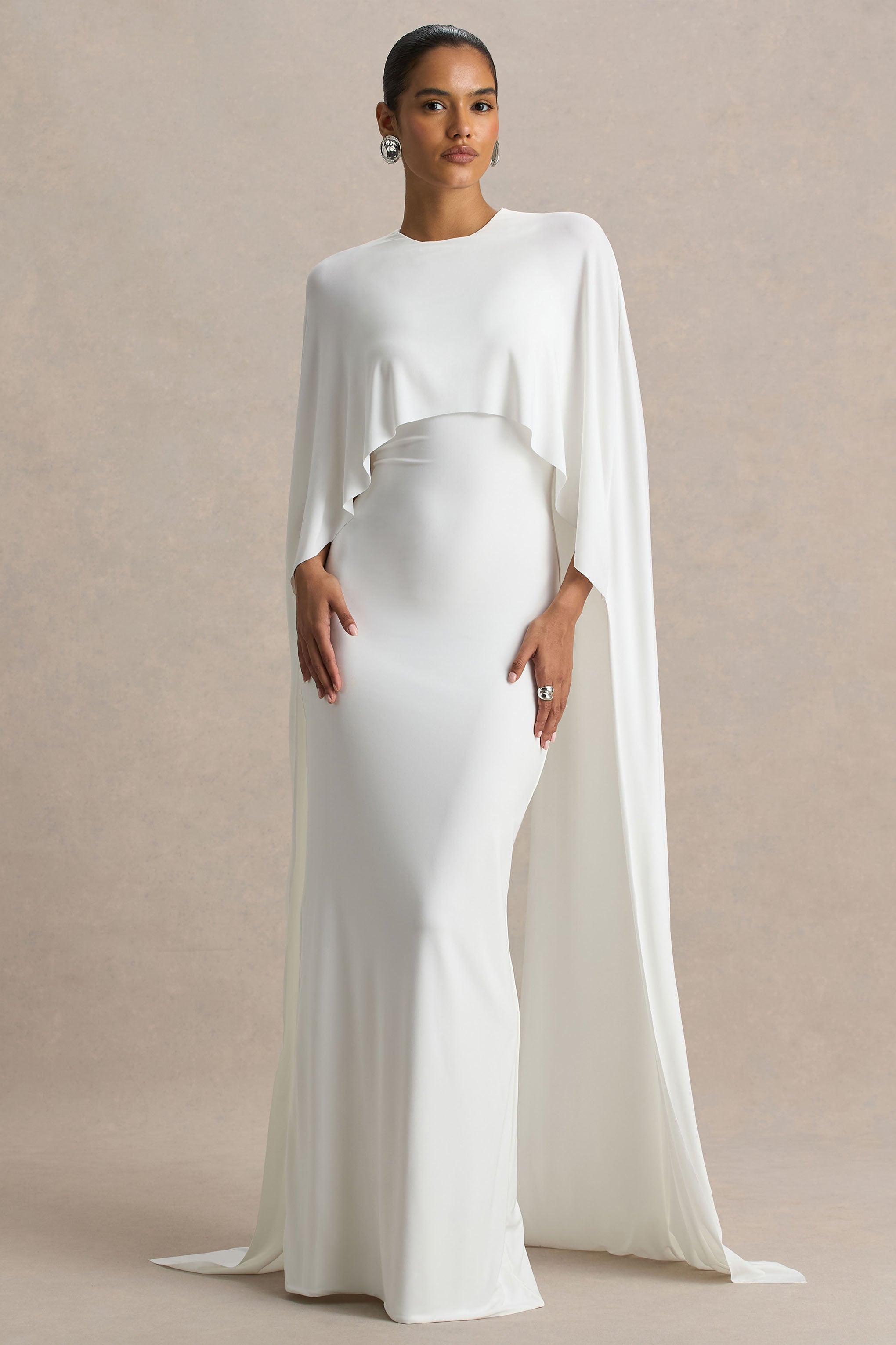 Padma | White Draped Maxi Dress With Cape Sleeves-Sowoom