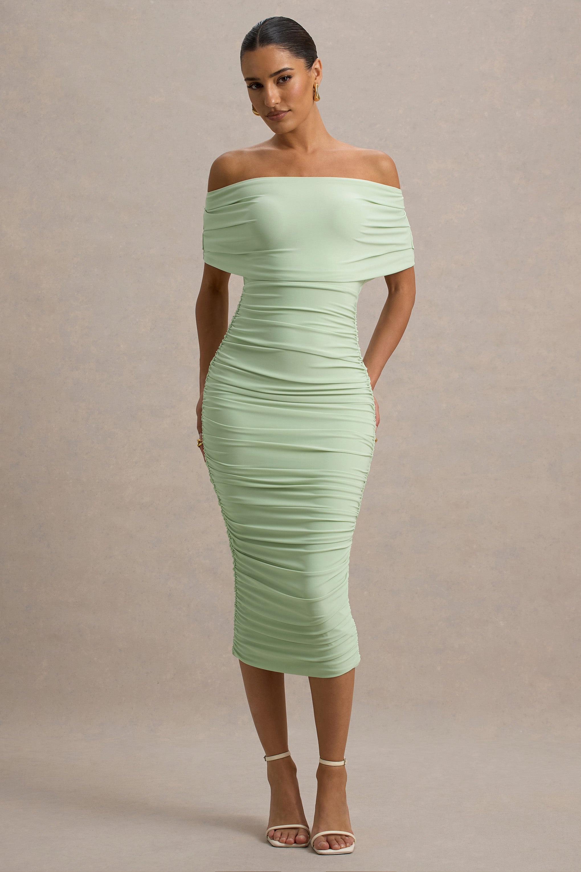 Rayleigh | Light Green Bardot Ruched Midi Dress-Sowoom