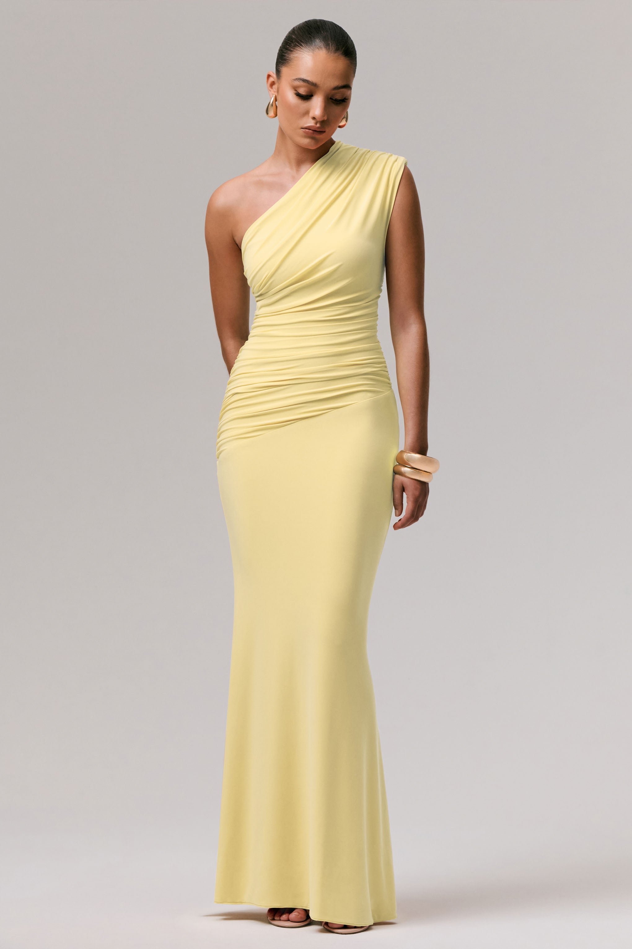 Mardi | Lemon Asymmetric Maxi Dress With Ruching-Sowoom