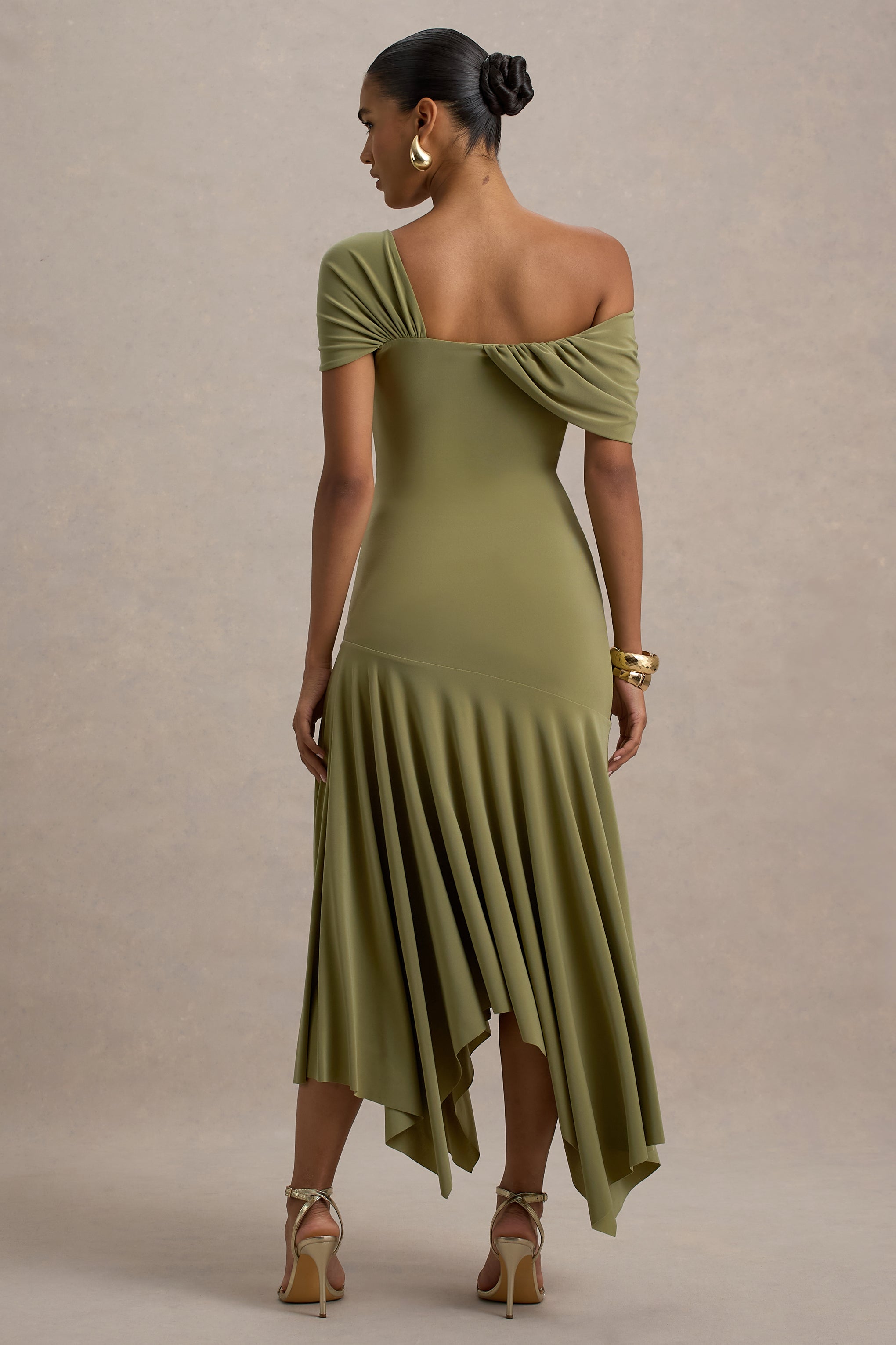 Castor | Olive Asymmetric Midi Dress-Sowoom