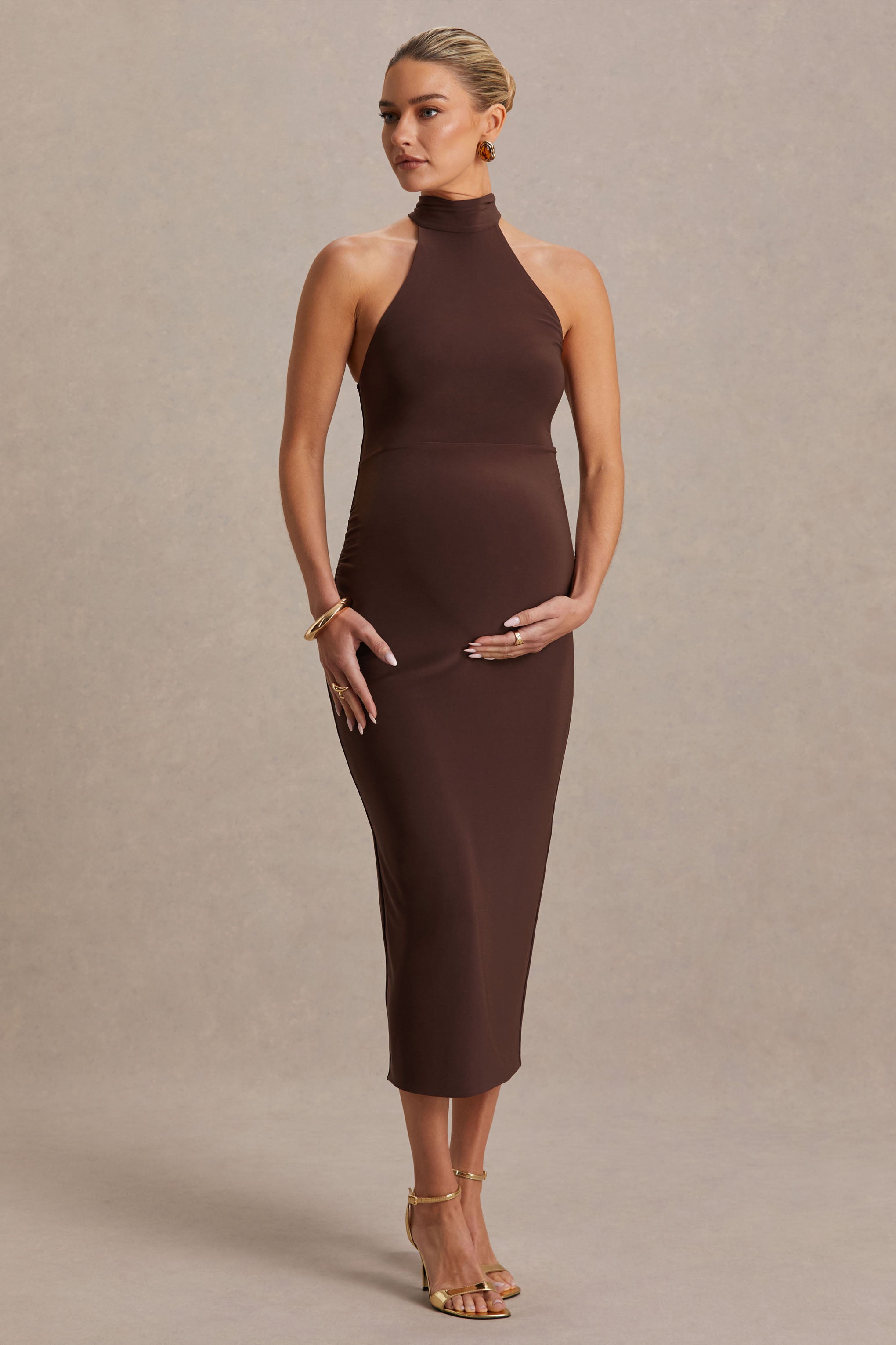 Mireille | Brown Halter-Neck Maternity Midi Dress-Sowoom