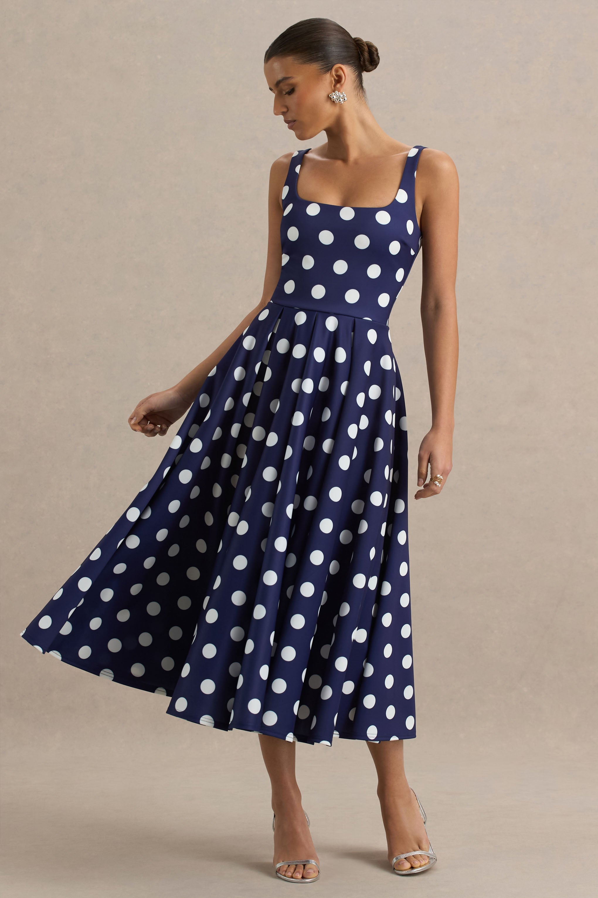Berta | Navy And White Polka-Dot Square-Neck Midi Dress-Sowoom