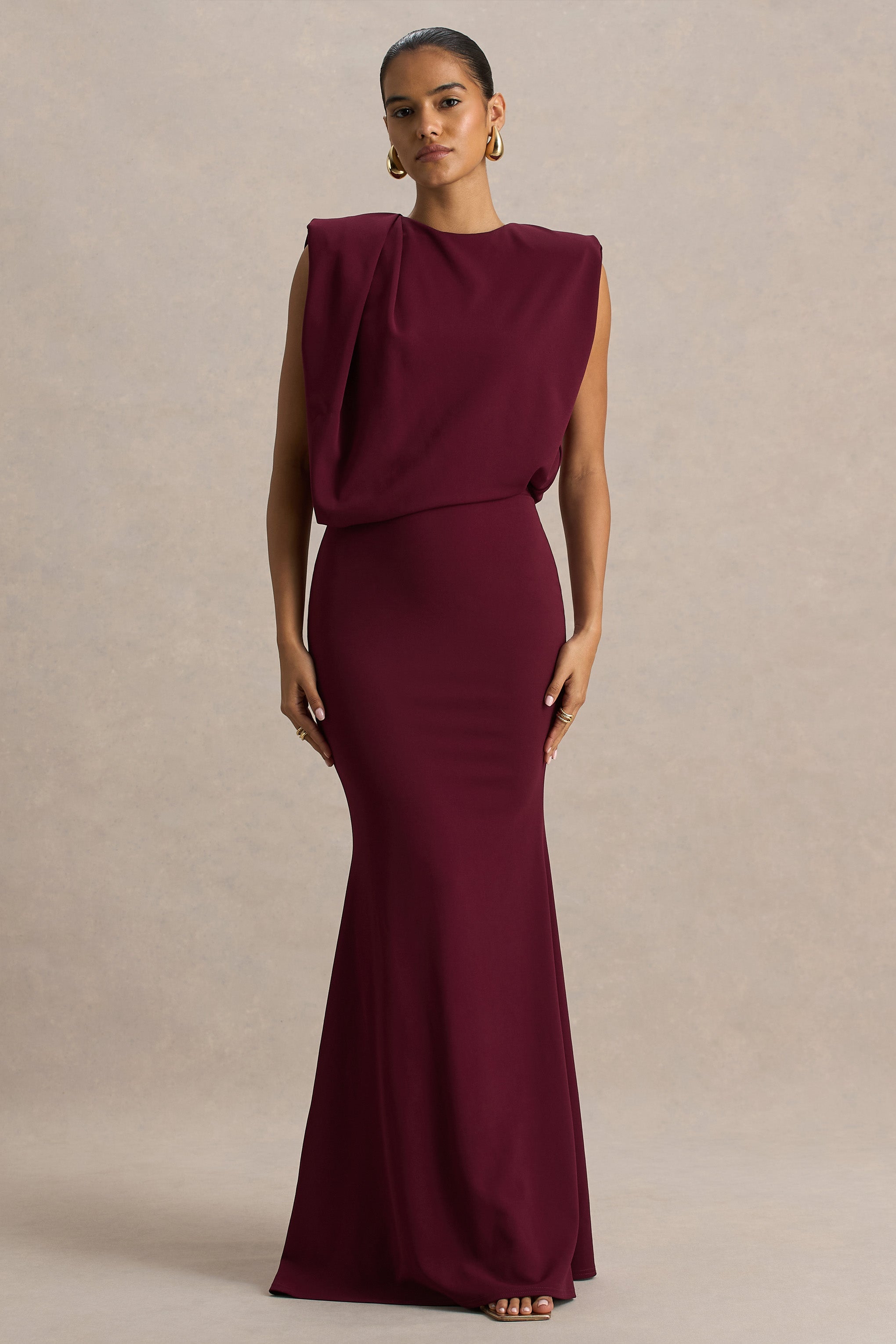 Meave | Burgundy Boat-Neck Maxi Dress With Draped Detail-Sowoom