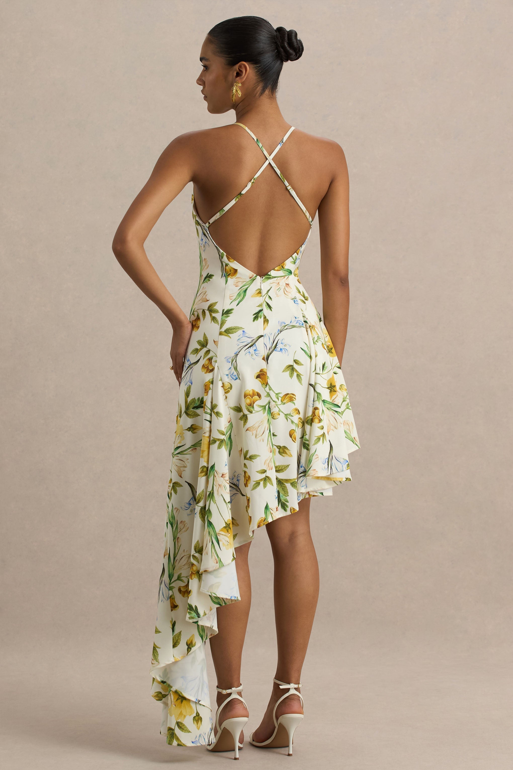 Glint | White Botanical Print Satin Plunge-Neck Maxi Dress With Asymmetric Hem-Sowoom