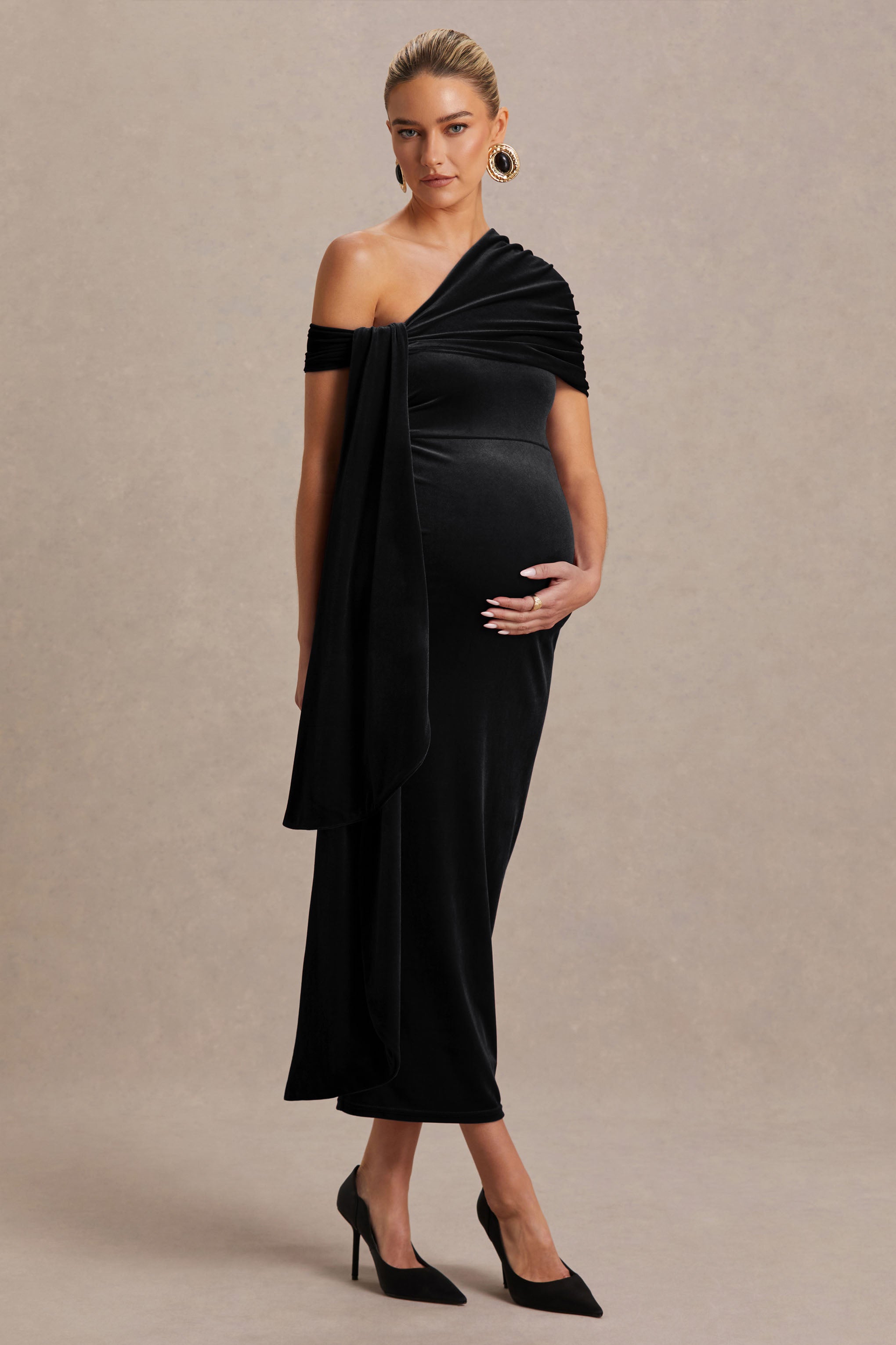Zena | Black Velvet Asymmetric-Neck Maternity Midi Dress With Knot And Sash Detail-Sowoom