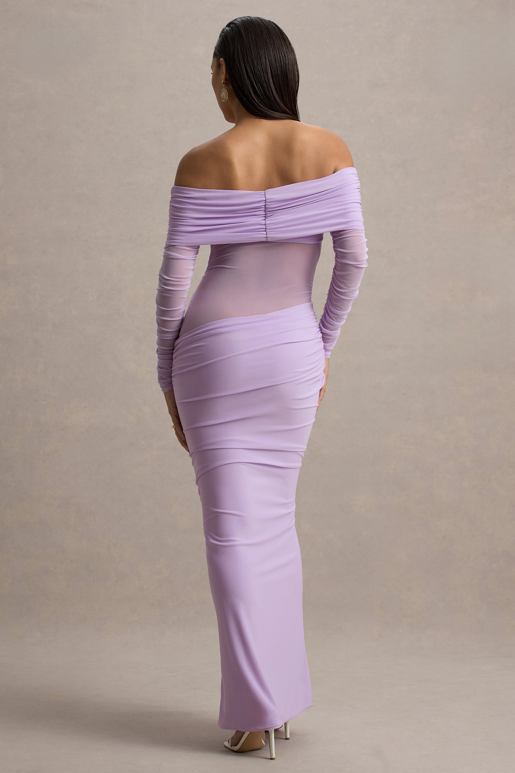 Belamour | Lavender Semi-Sheer Bardot Gathered Maxi Dress-Sowoom