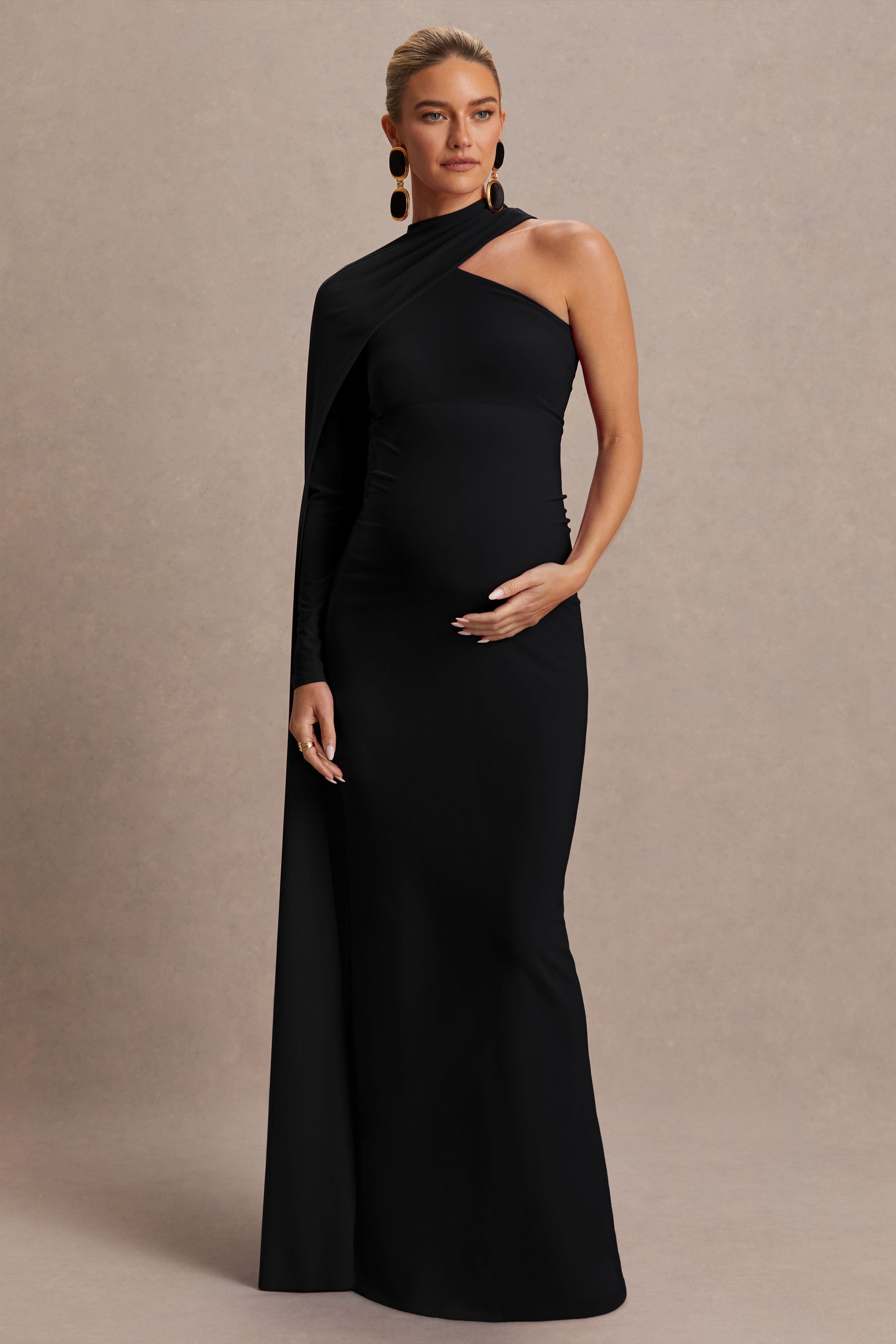 Tessy | Black Asymmetric-Neck Maternity Maxi Dress With Cape-Sleeve-Sowoom