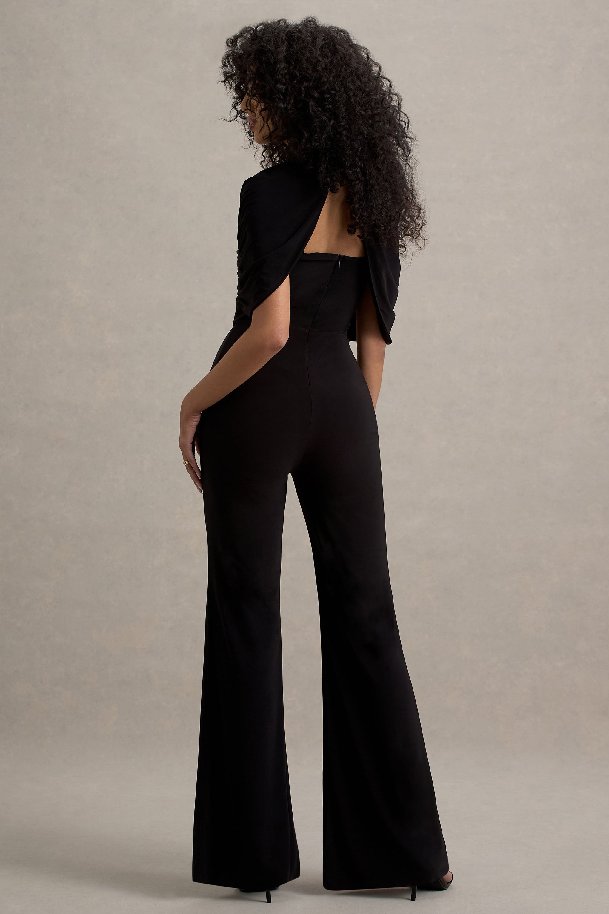 Isoline | Black Twist Cape Flared-Leg Jumpsuit-Sowoom