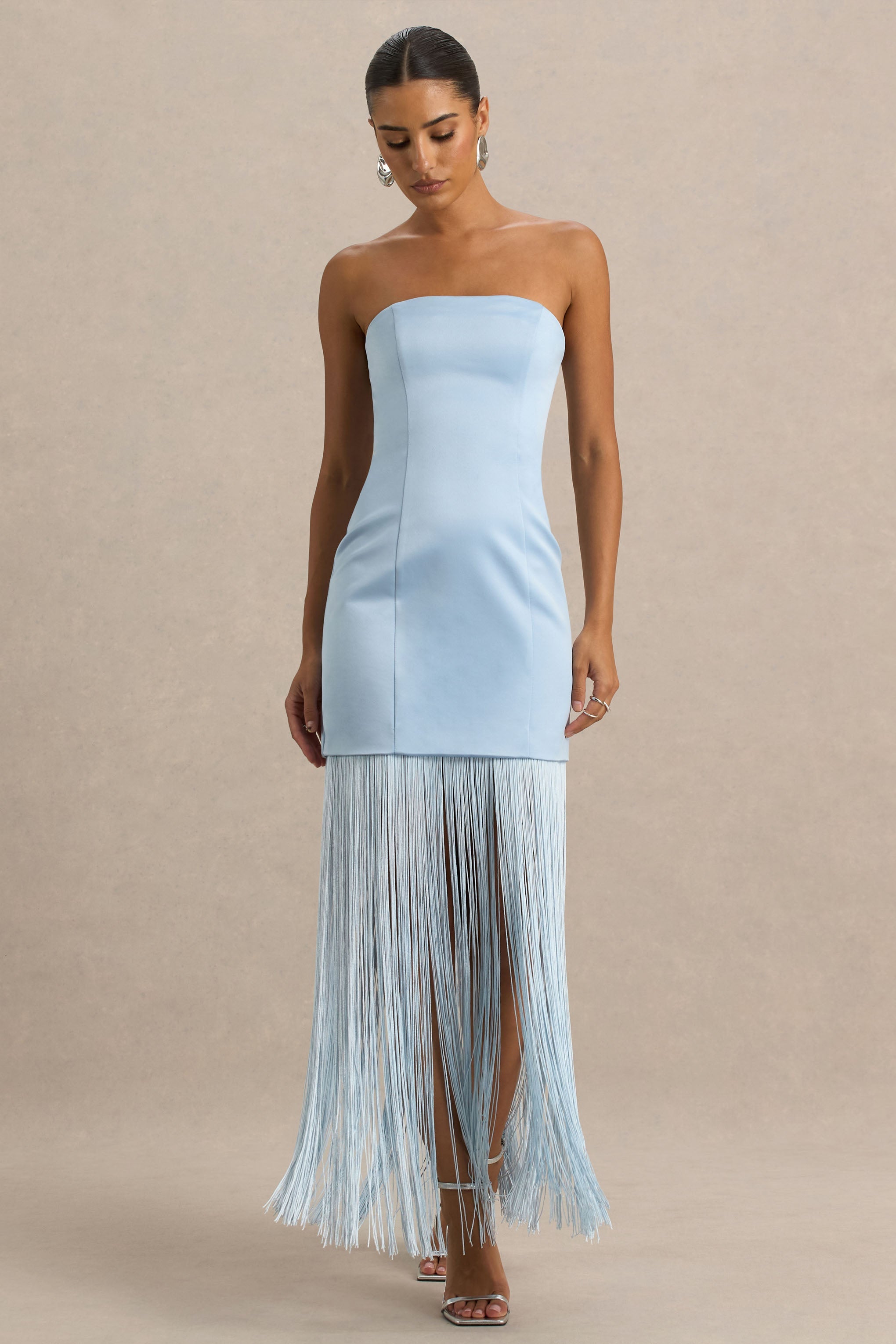 Trinity | Powder Blue Satin Bandeau Maxi Dress With Fringe-Sowoom