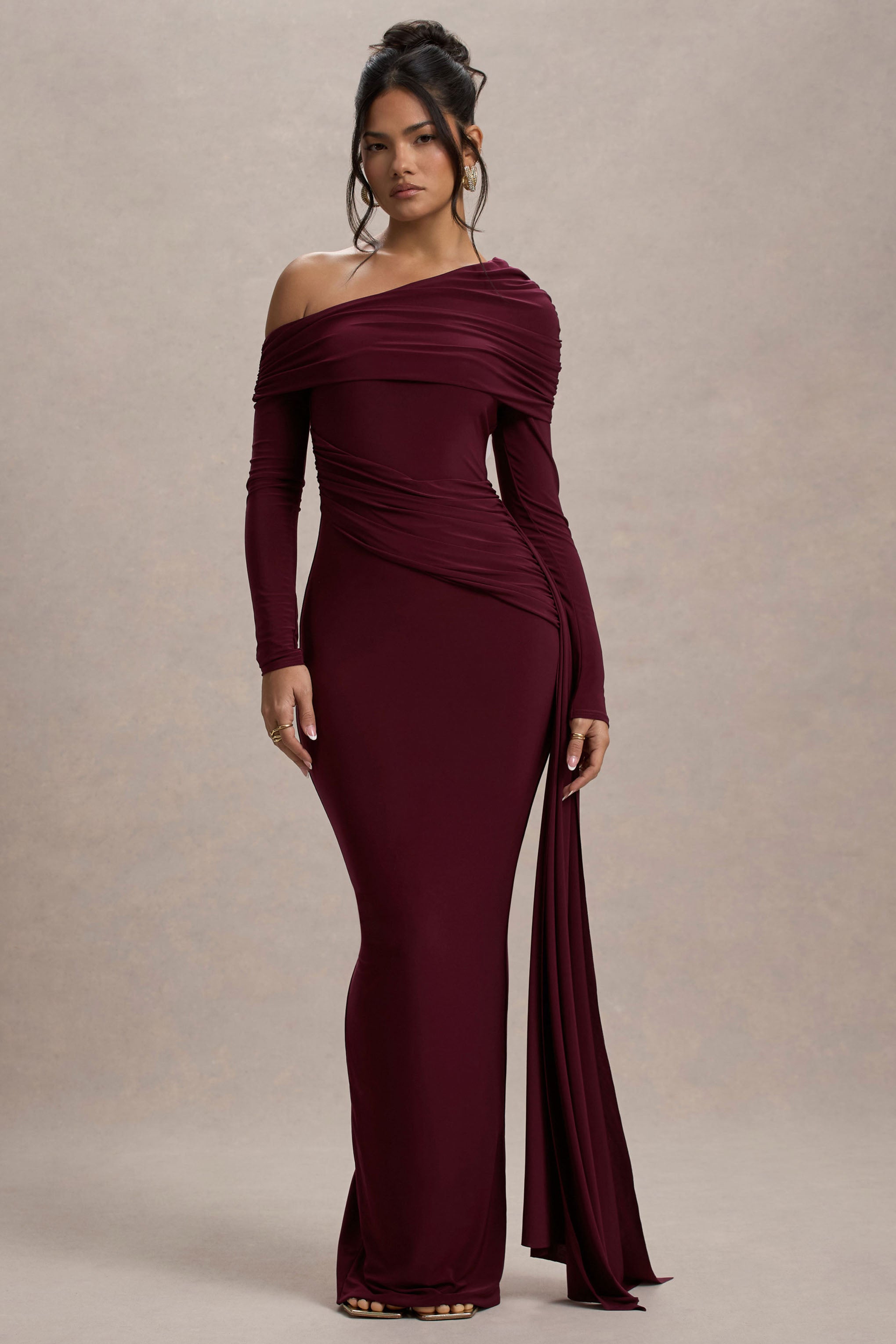 Valina | Burgundy Ruched Asymmetric Maxi Dress With Drape-Sowoom