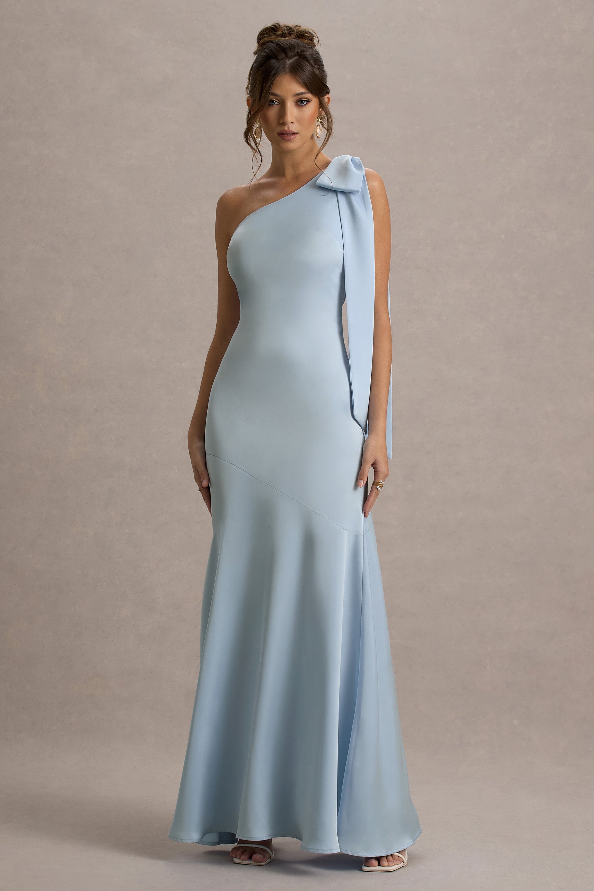 Here For Love | Powder Blue Satin Asymmetric Maxi Dress With Bow-Sowoom