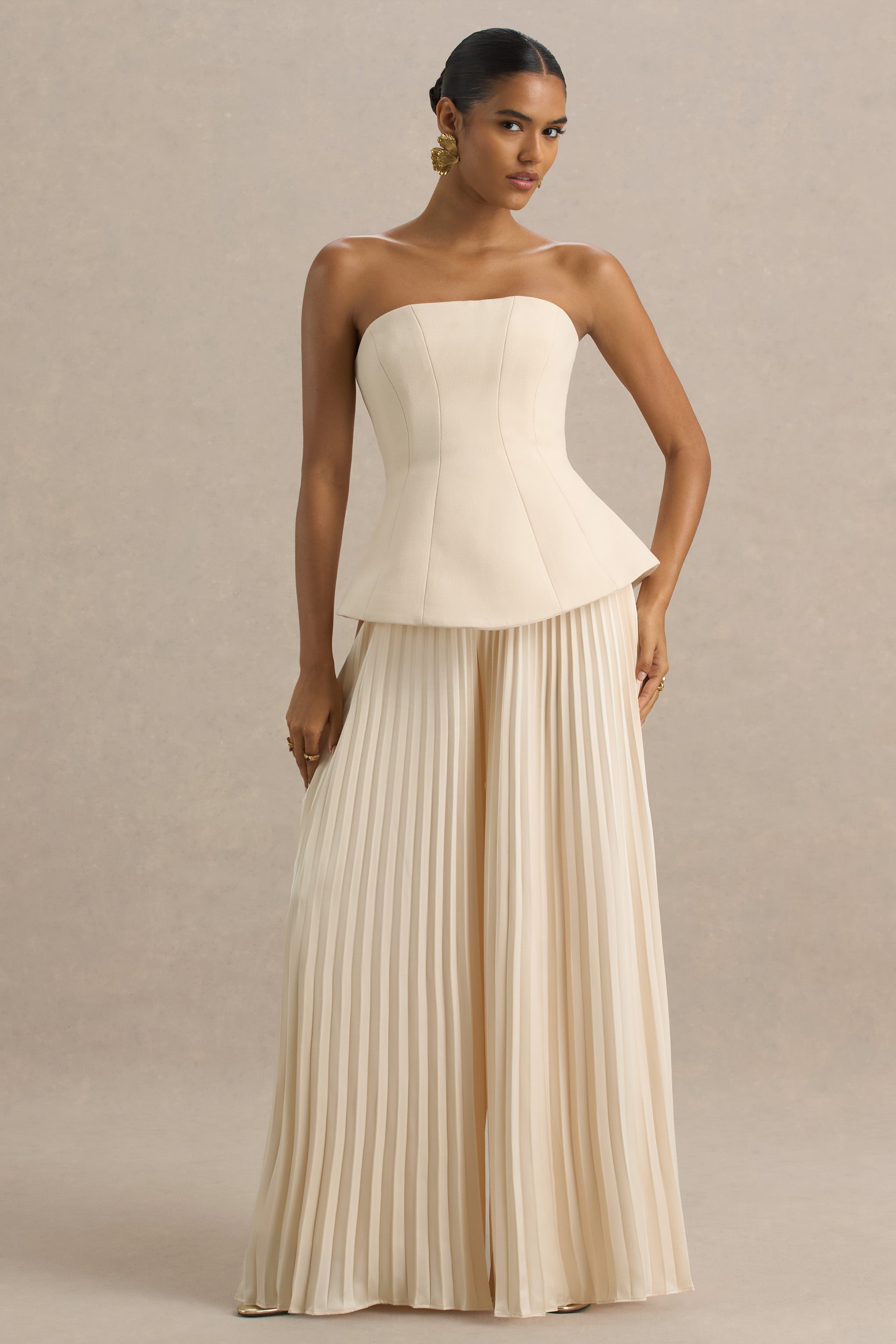 Feeling Good | Nude Bandeau Jumpsuit With Pleated Trouser-Sowoom