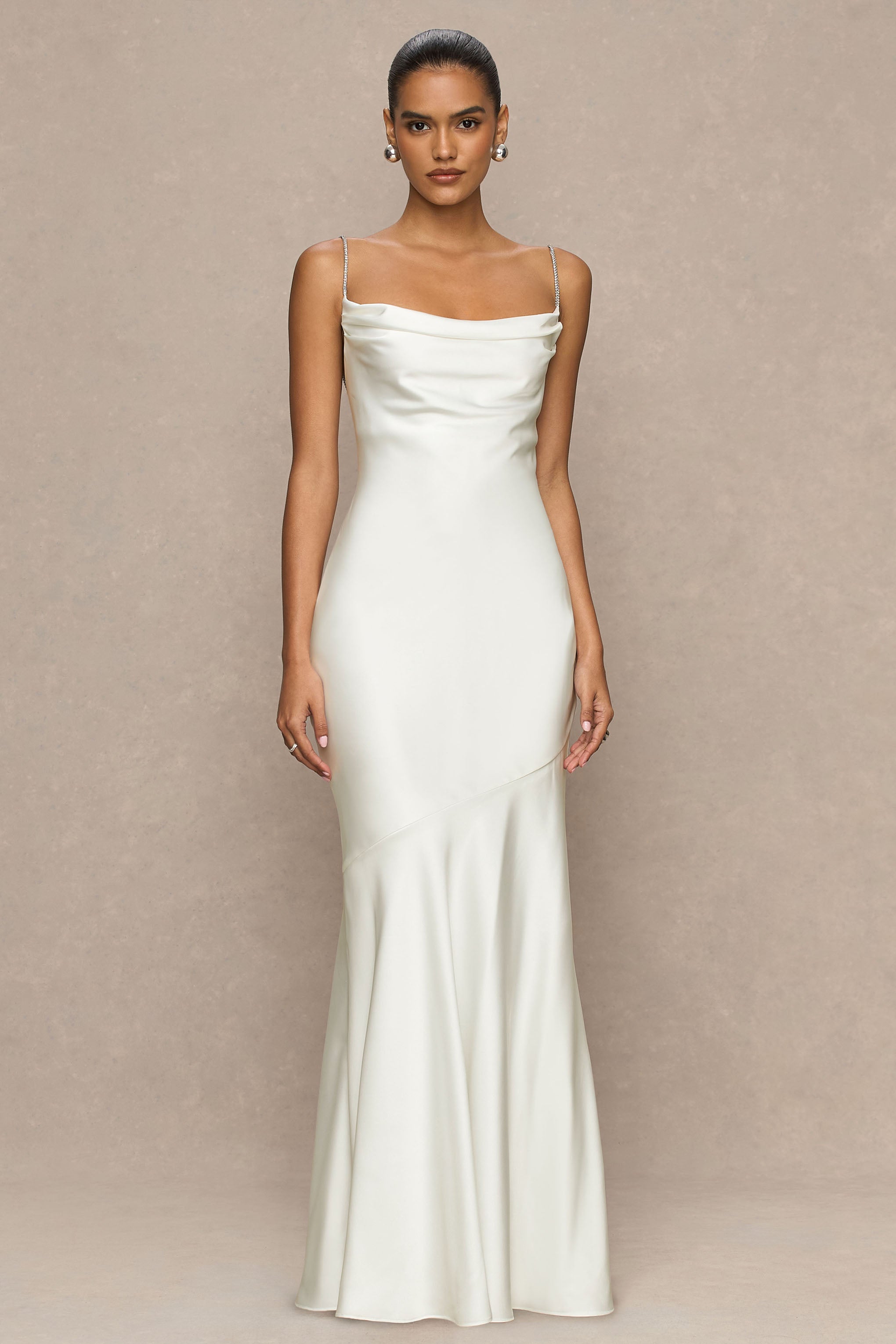 Maelia | Cream Satin Cowl-Neck Maxi Dress With Diamante Straps-Sowoom