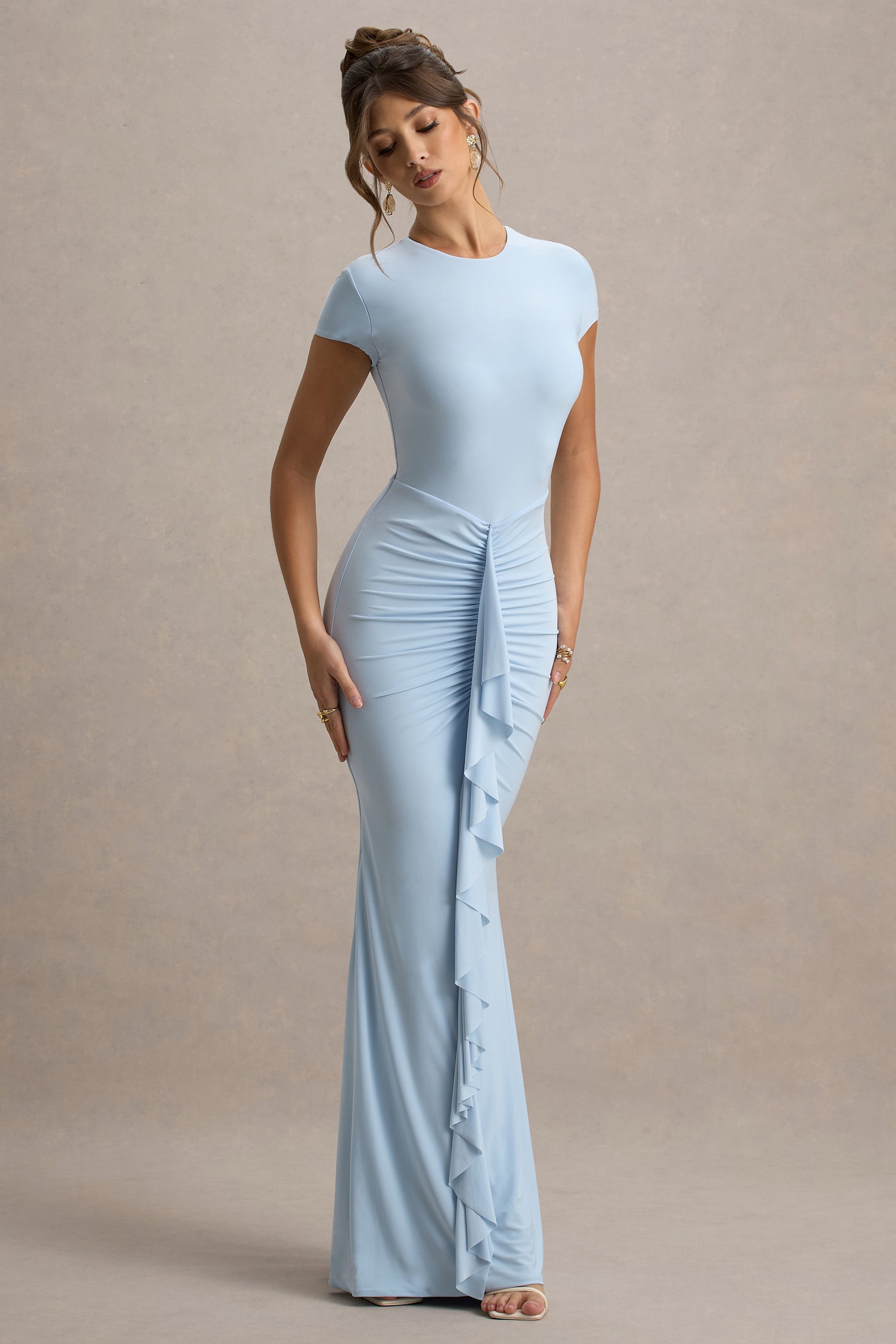 Vincenza | Powder Blue Short-Sleeve Gathered Maxi Dress-Sowoom