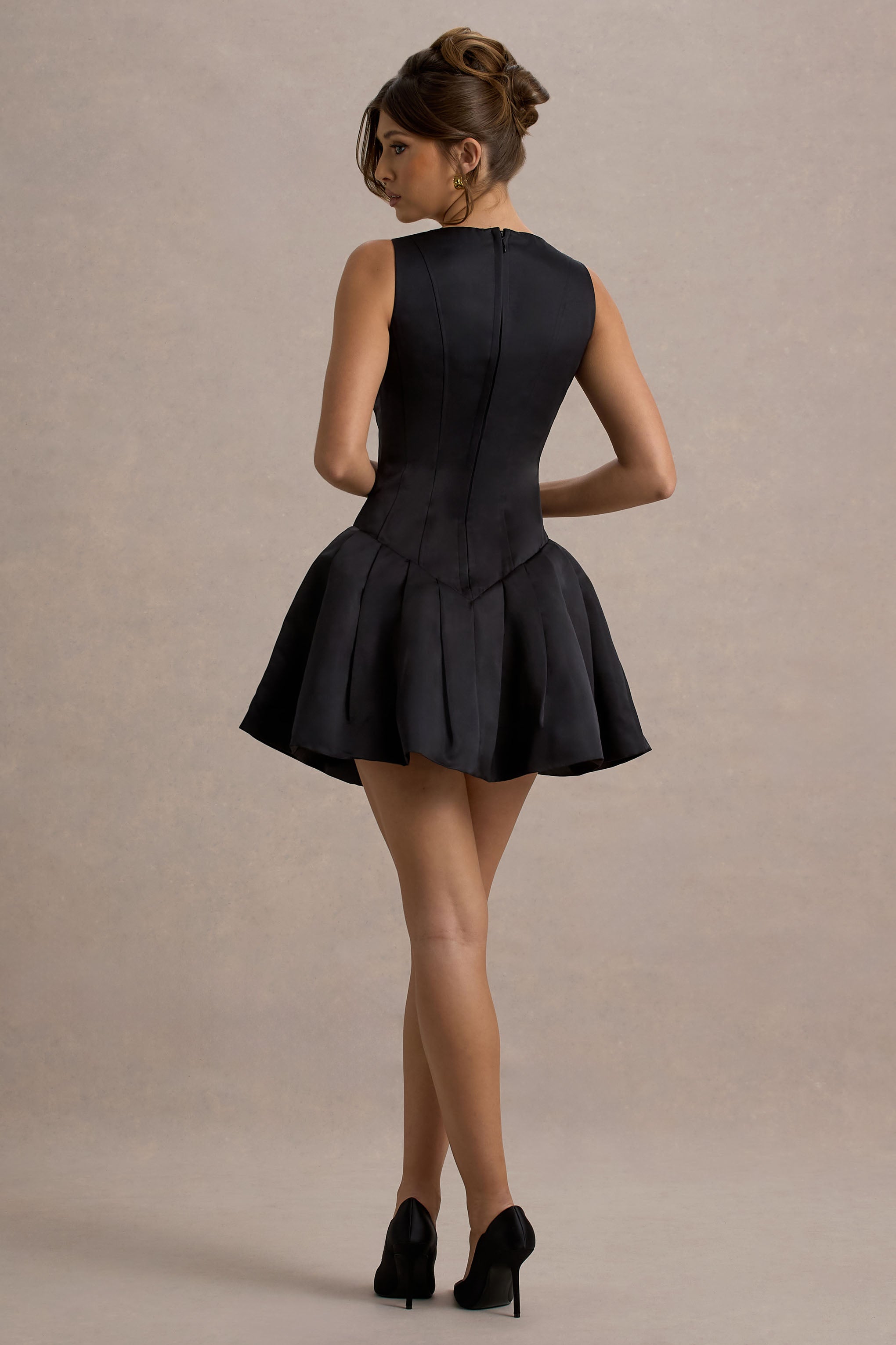 Bramble | Black Satin Square-Neck Puffball Mini Dress-Sowoom