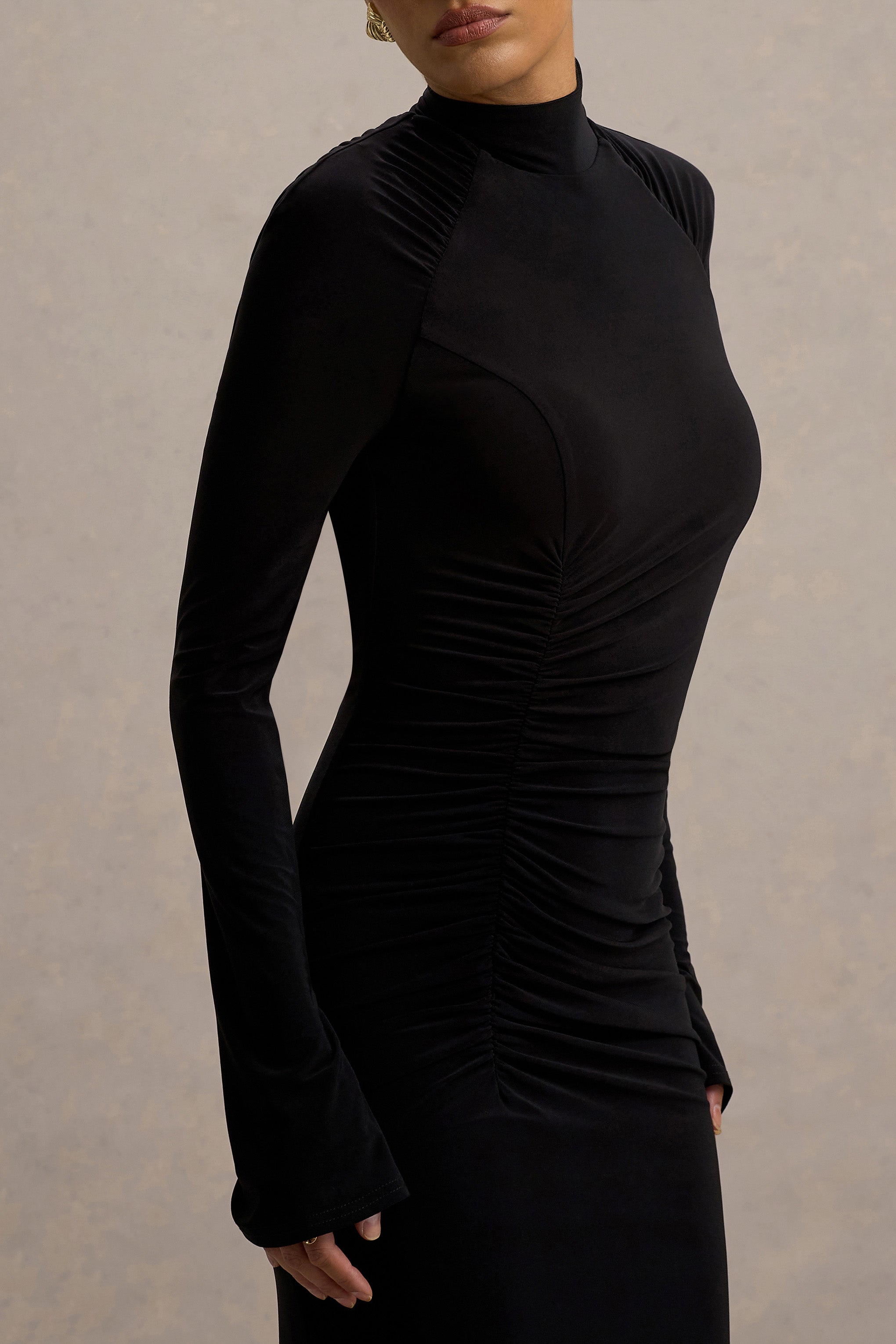 Cassandra | Black High-Neck Long-Sleeve Midi Dress-Sowoom