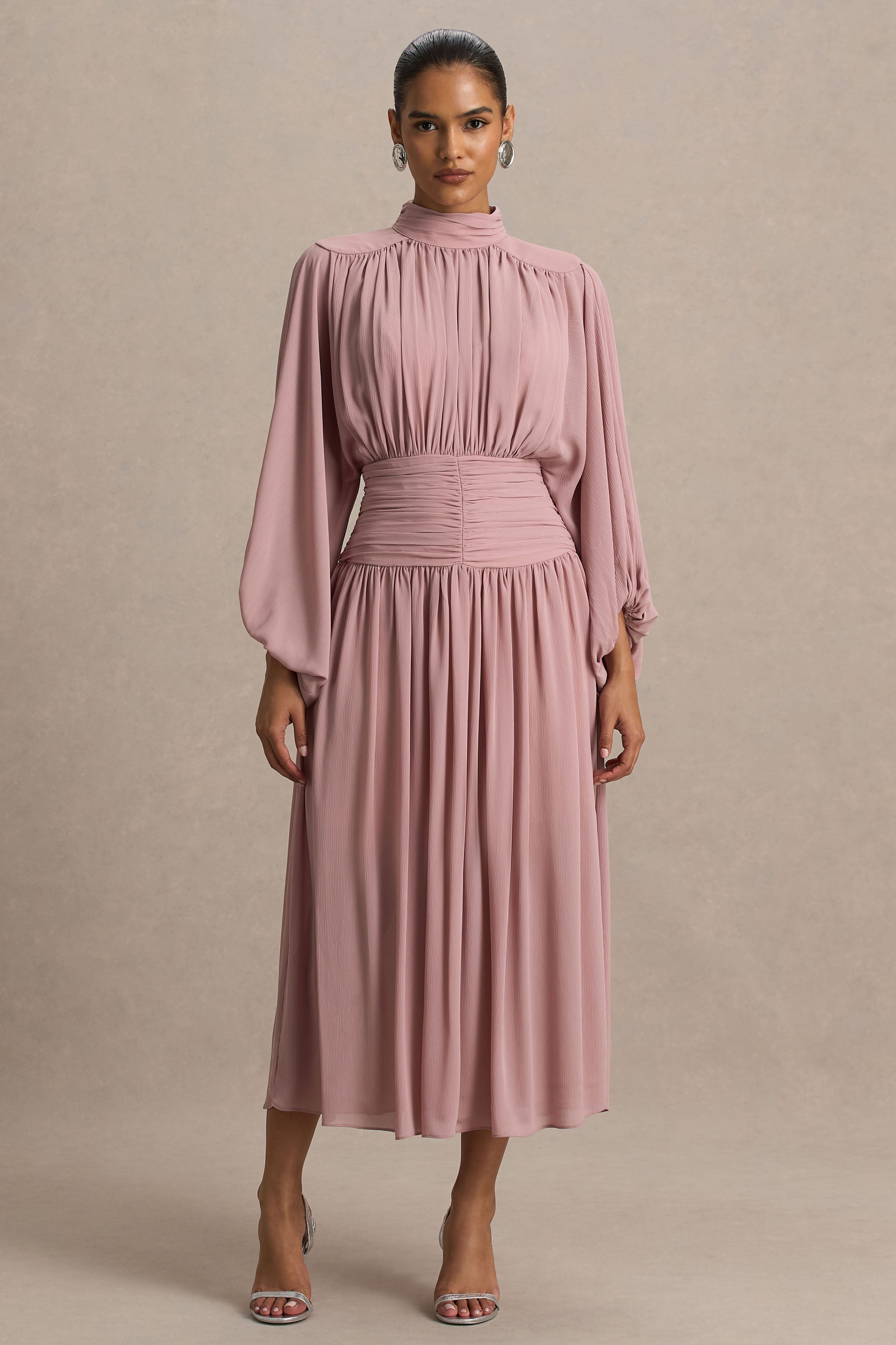 Annabel | Dusty Pink High-Neck Midi Dress With Drop-Waist And Pleated Detailing-Sowoom