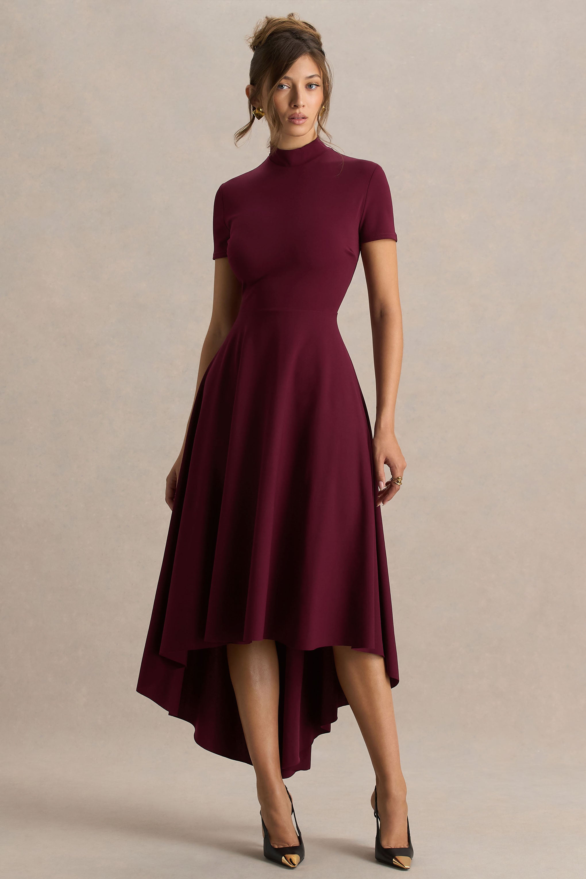 Bellona | Burgundy High-Neck High-Low Midi Dress-Sowoom