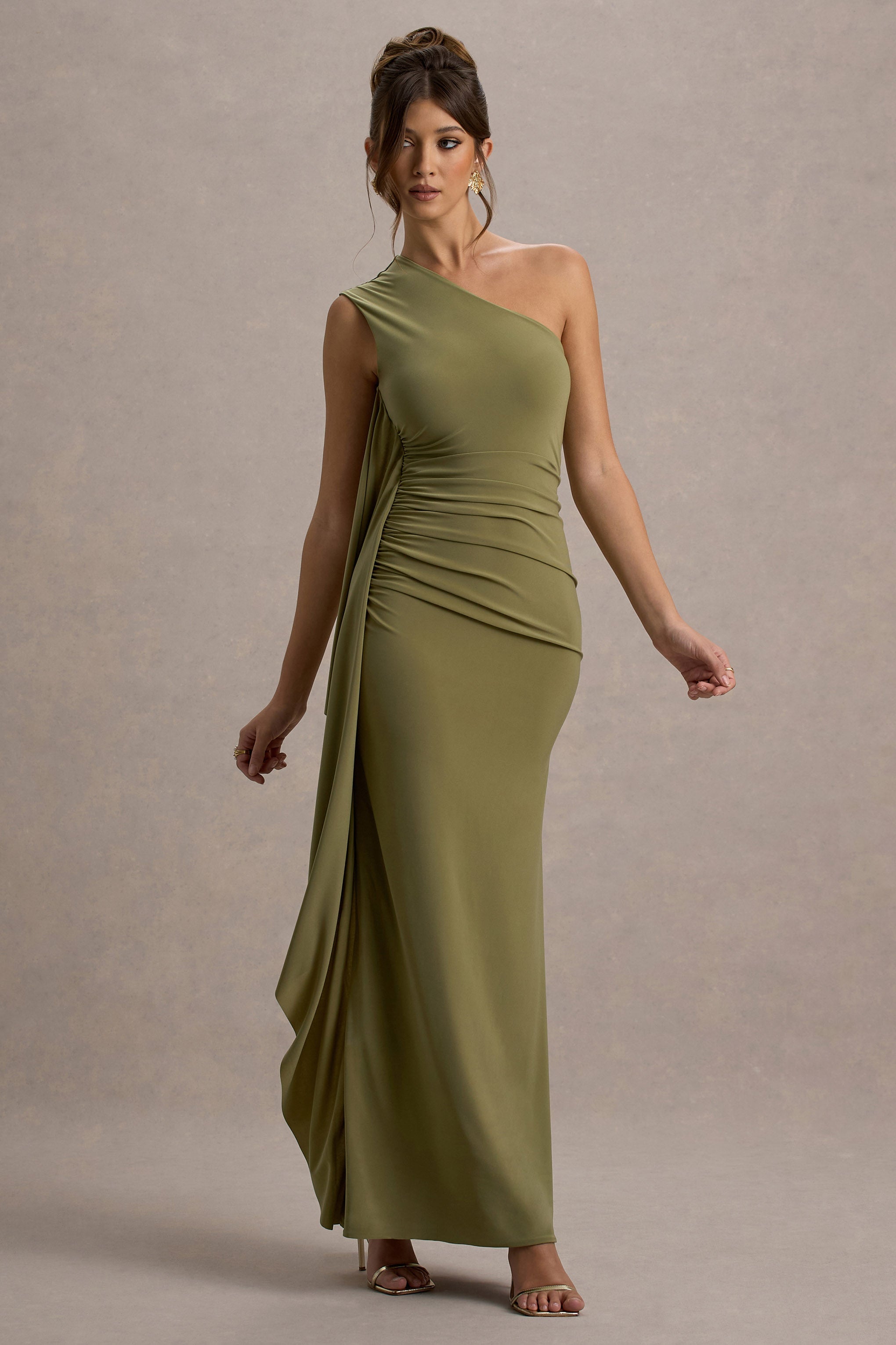 Adelina | Olive One-Shoulder Maxi Dress With Drape-Sowoom