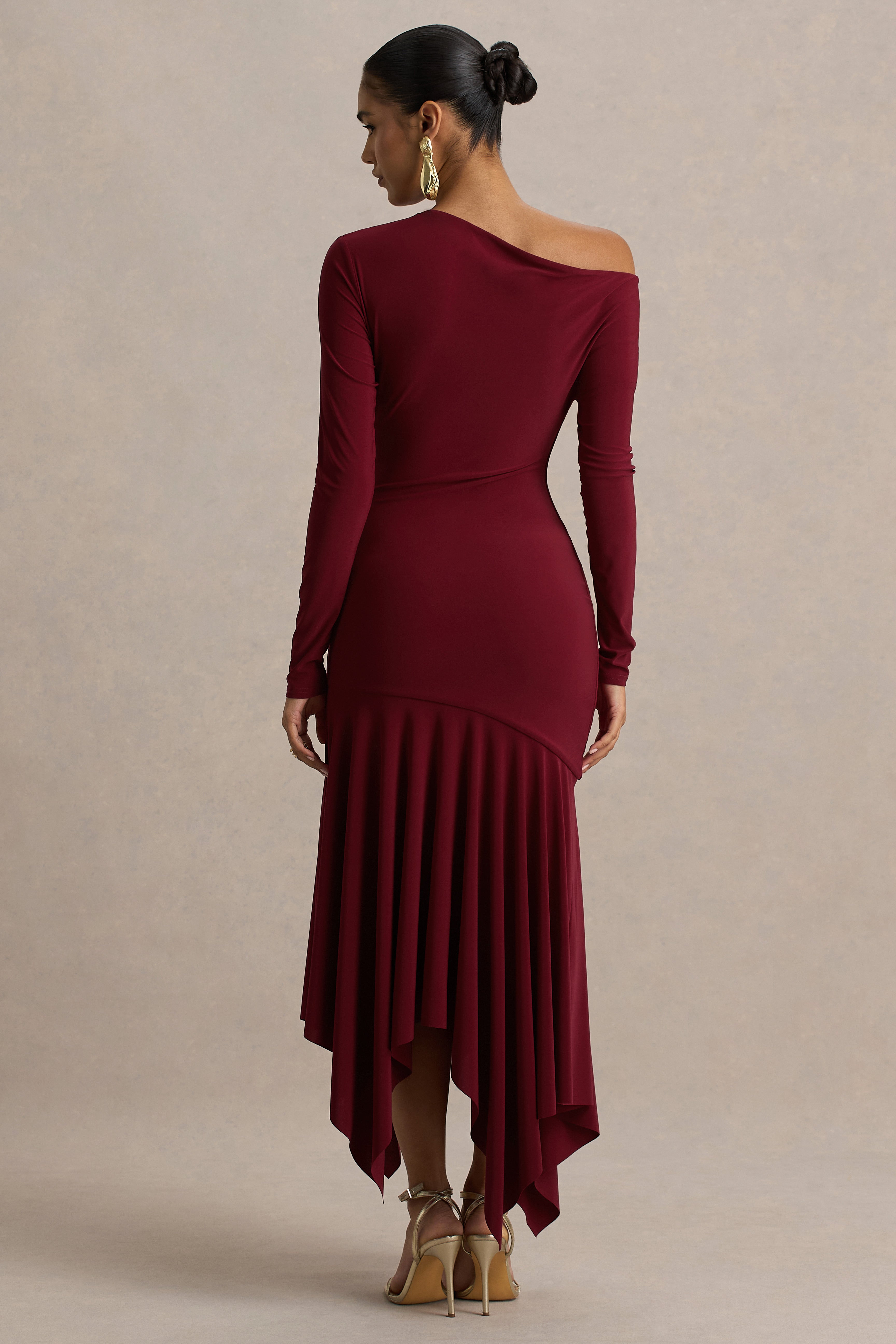 Isola | Burgundy Asymmetric-Neck Midi Dress With Hanky-Hem-Sowoom
