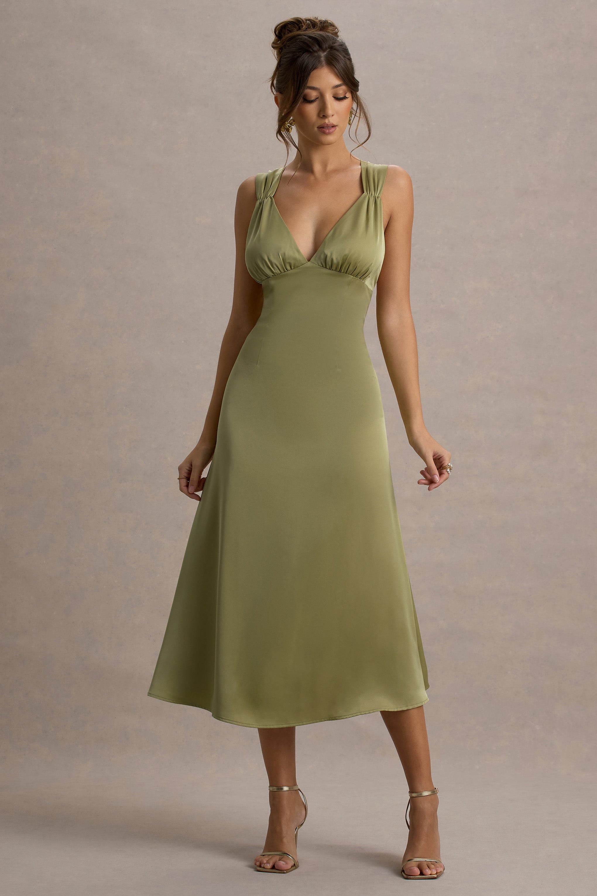 Beck | Light Green Satin Plunge-Neck Cross-Back Midi Dress-Sowoom