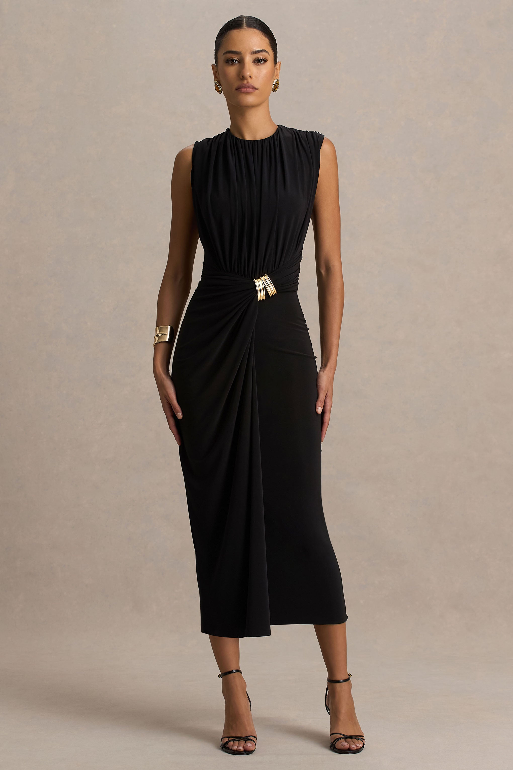 Harlow | Black Crew-Neck Wrapped Midi Dress-Sowoom