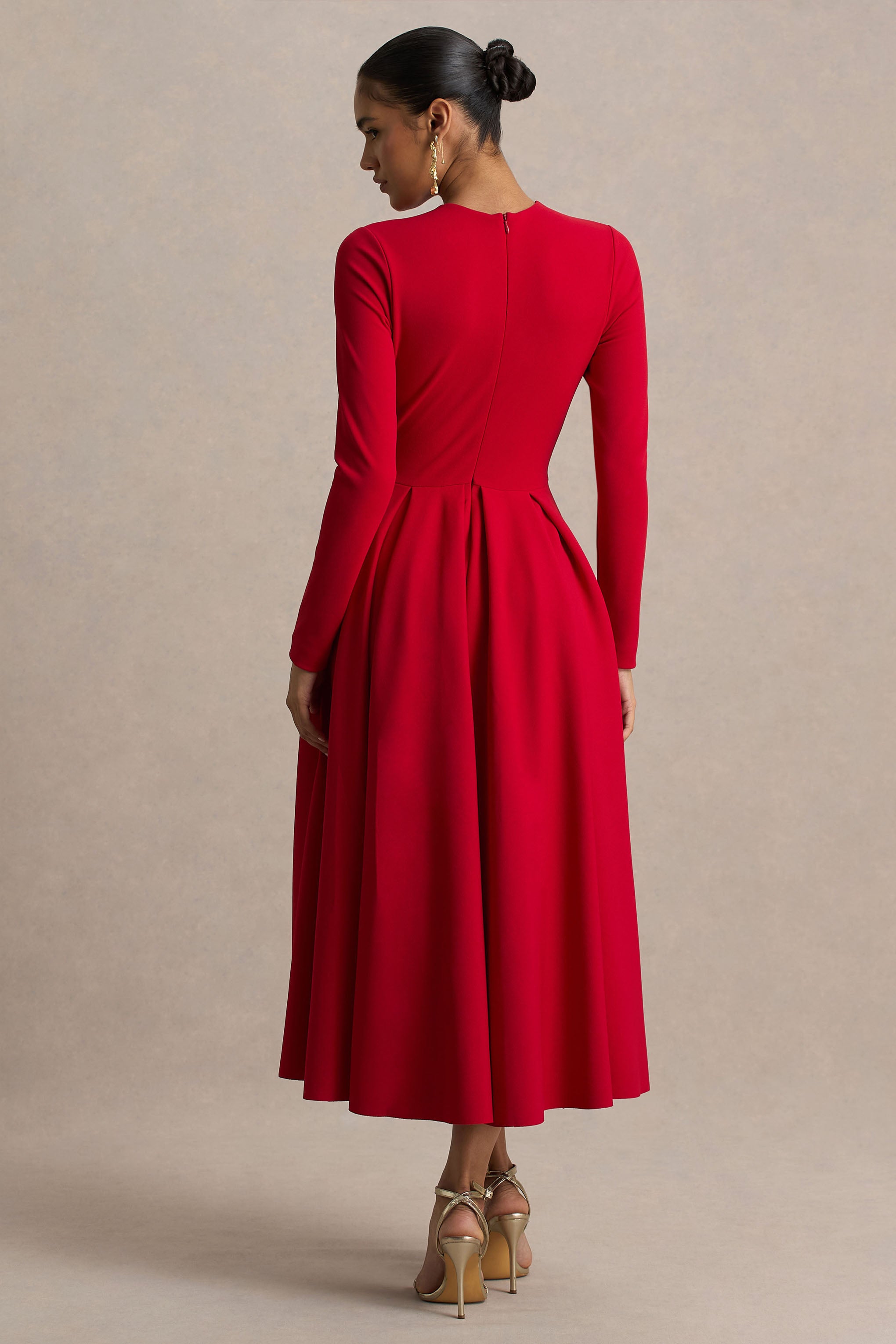 Bellamy | Red Crew-Neck Long-Sleeve Midi Dress-Sowoom