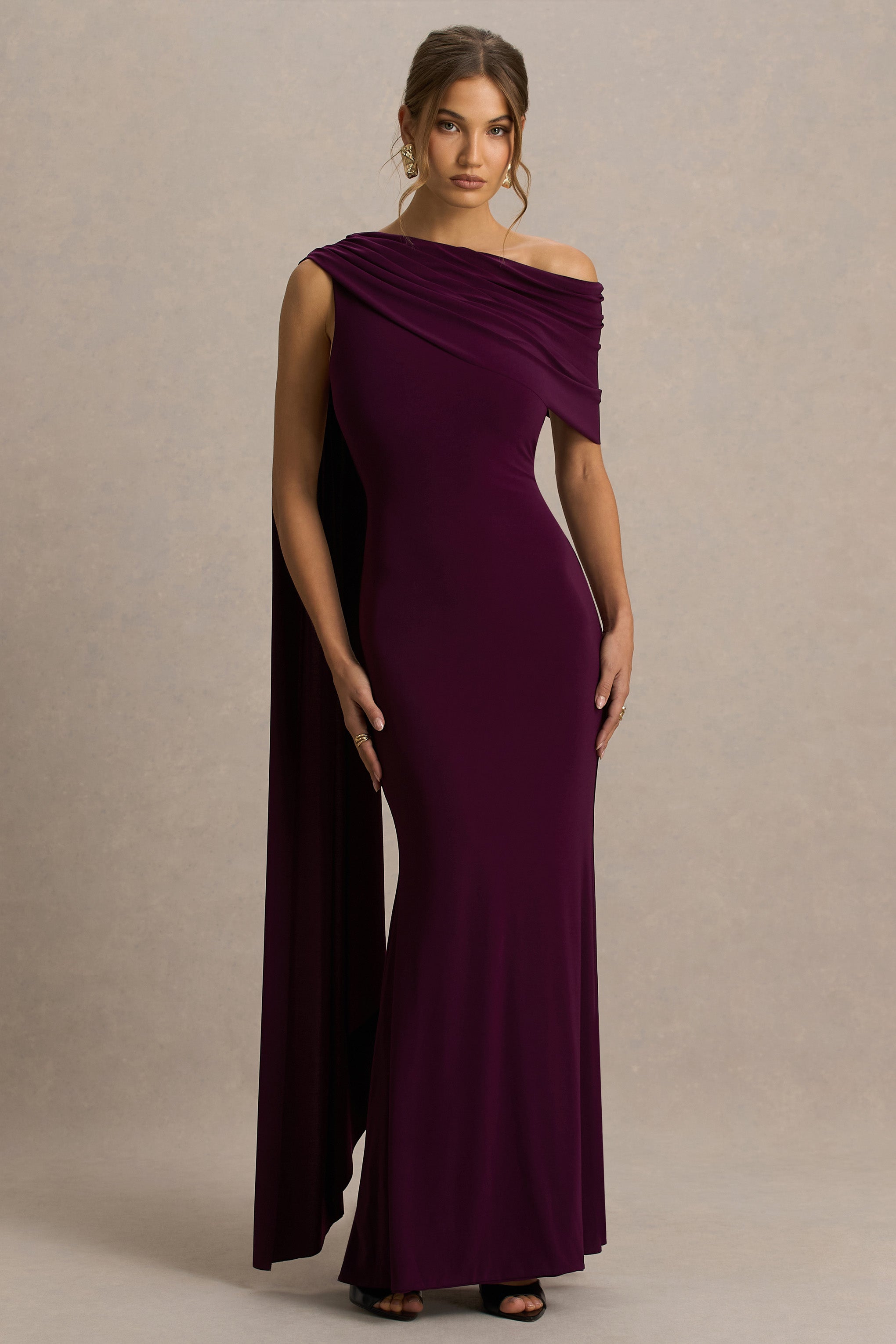 Tiana | Dark Plum Asymmetric-Neck Maxi Dress With Draped Detail-Sowoom