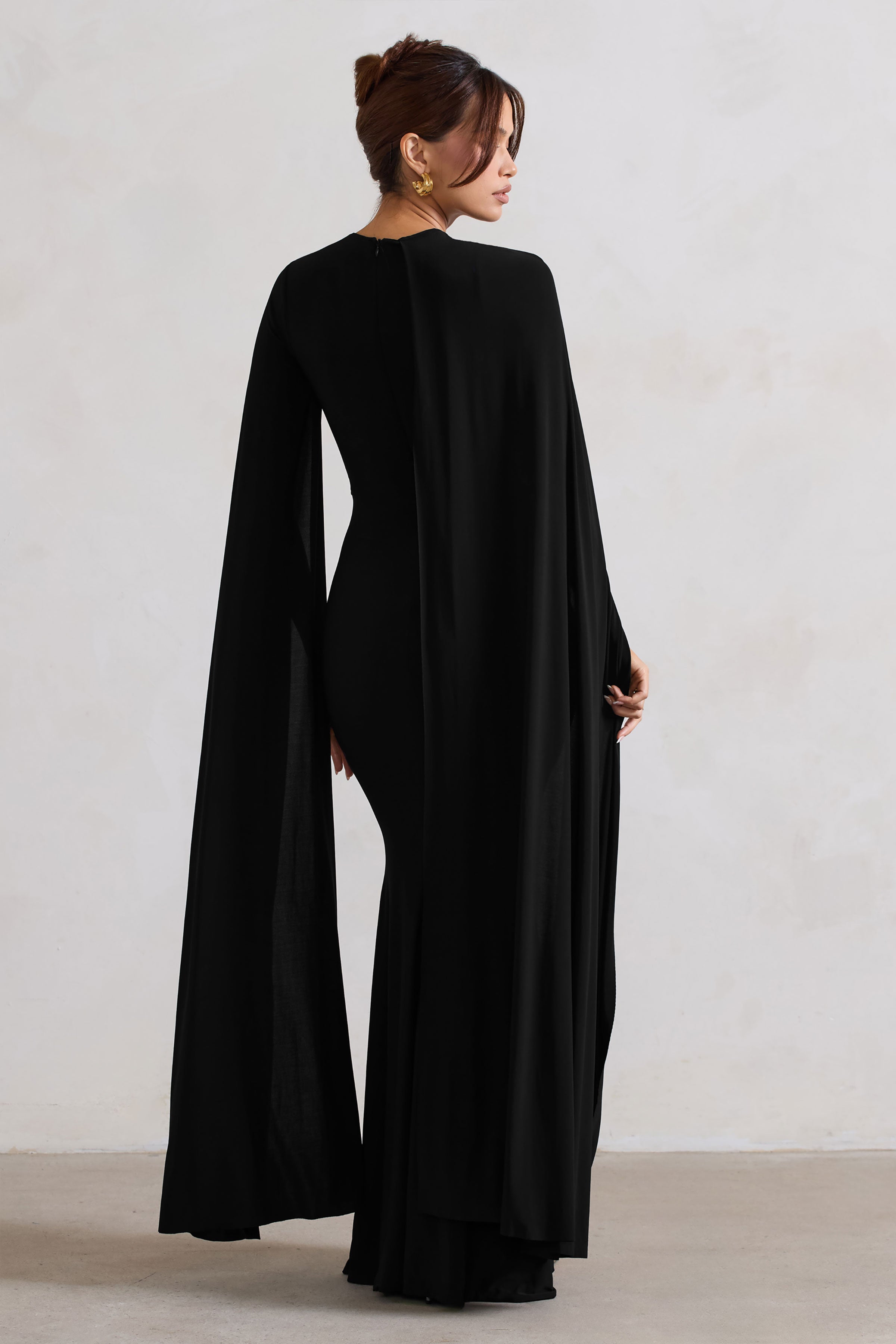 Magdelena | Black Asymmetric Cape Maxi Dress-Sowoom