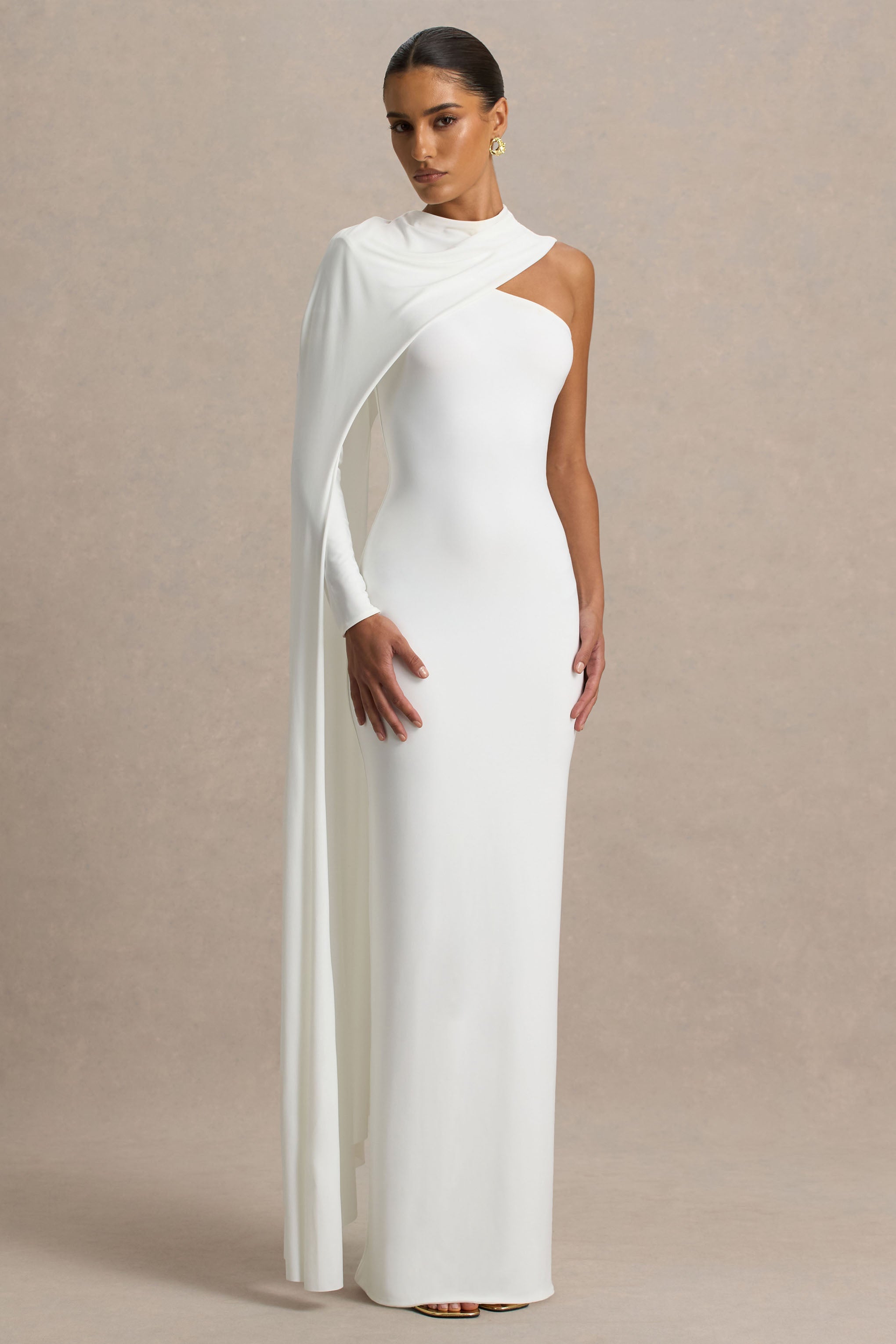 Dawn | Cream High-Neck Maxi Dress With One Long Cape-Sleeve-Sowoom