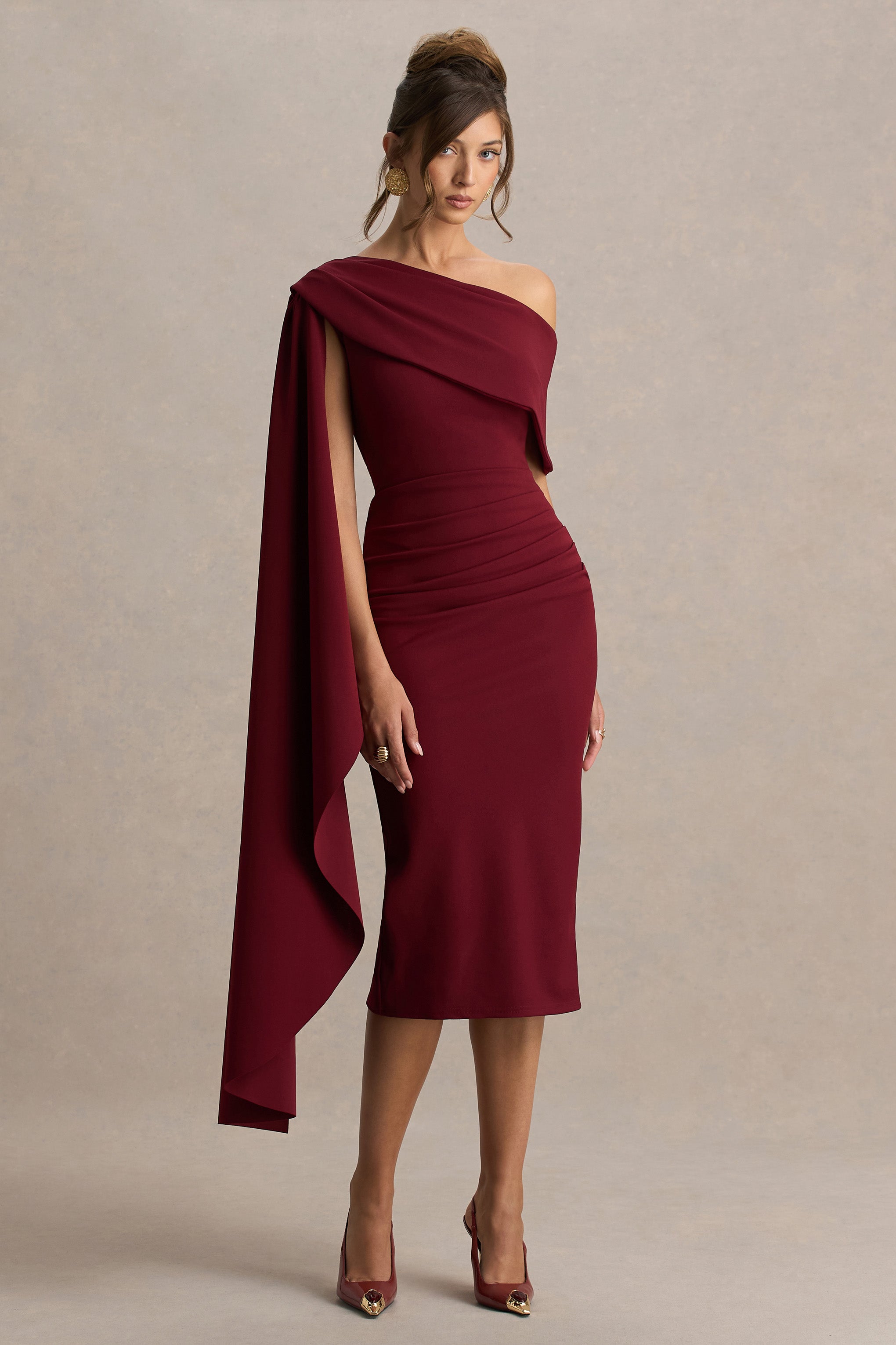 Leah | Burgundy Asymmetric-Neck Midi Dress With Cape-Sleeve-Sowoom