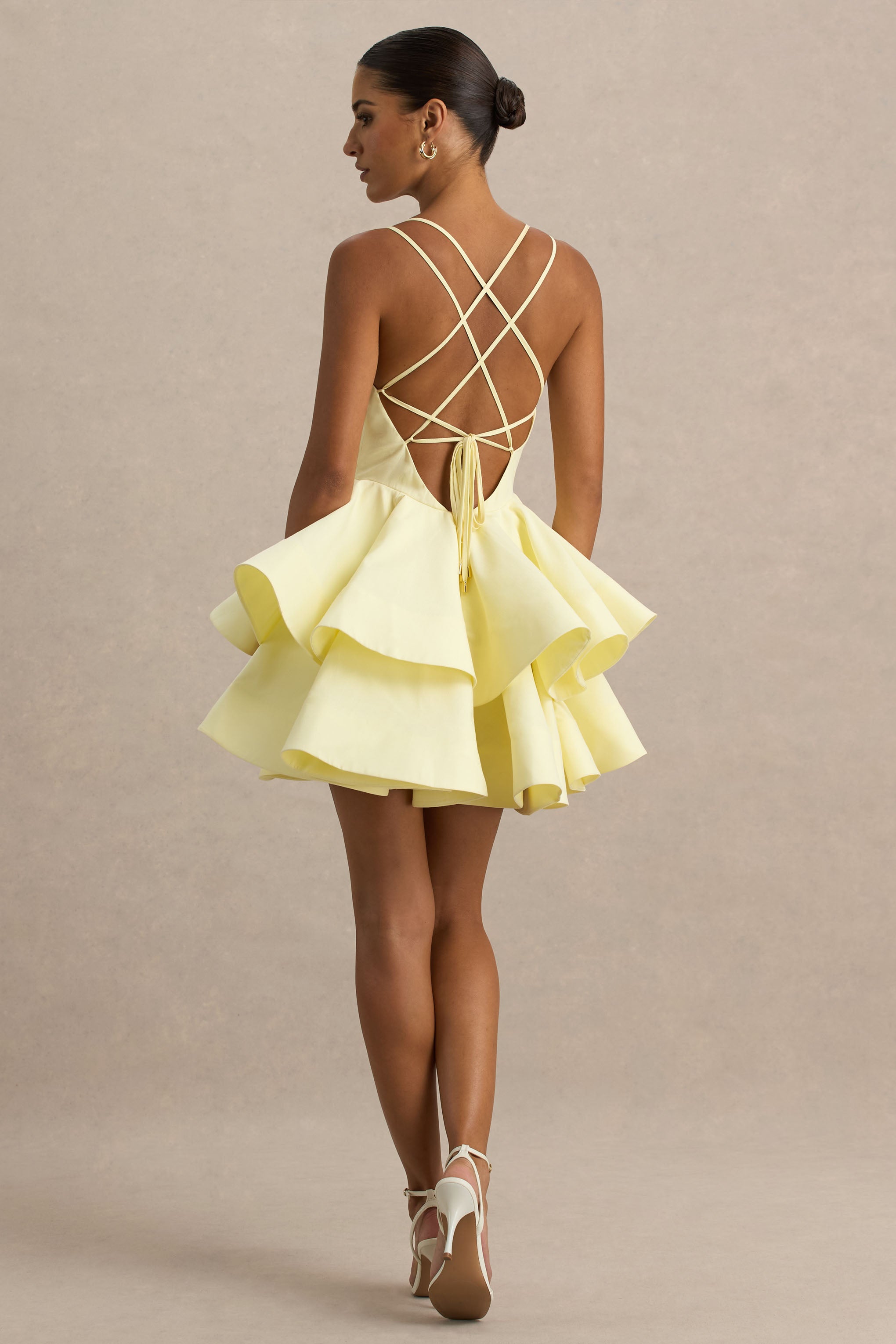 Flavia | Lemon Plunge-Neck Ruffled Skater Micro-Mini Dress-Sowoom